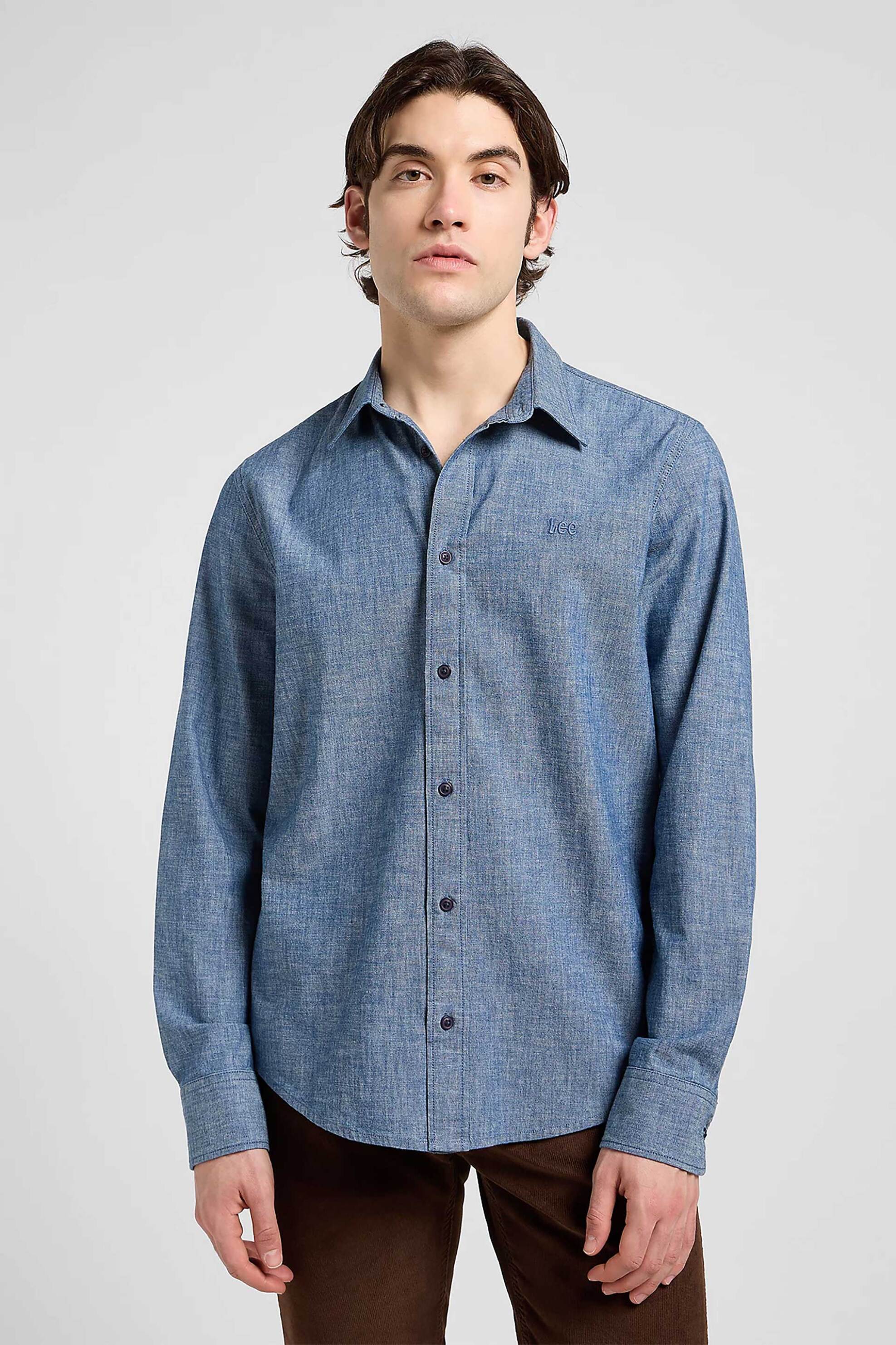 Lee® ανδρικό πουκάμισο μονόχρωμο με κεντημένο λογότυπο Regular Fit - 112370569 Μπλε