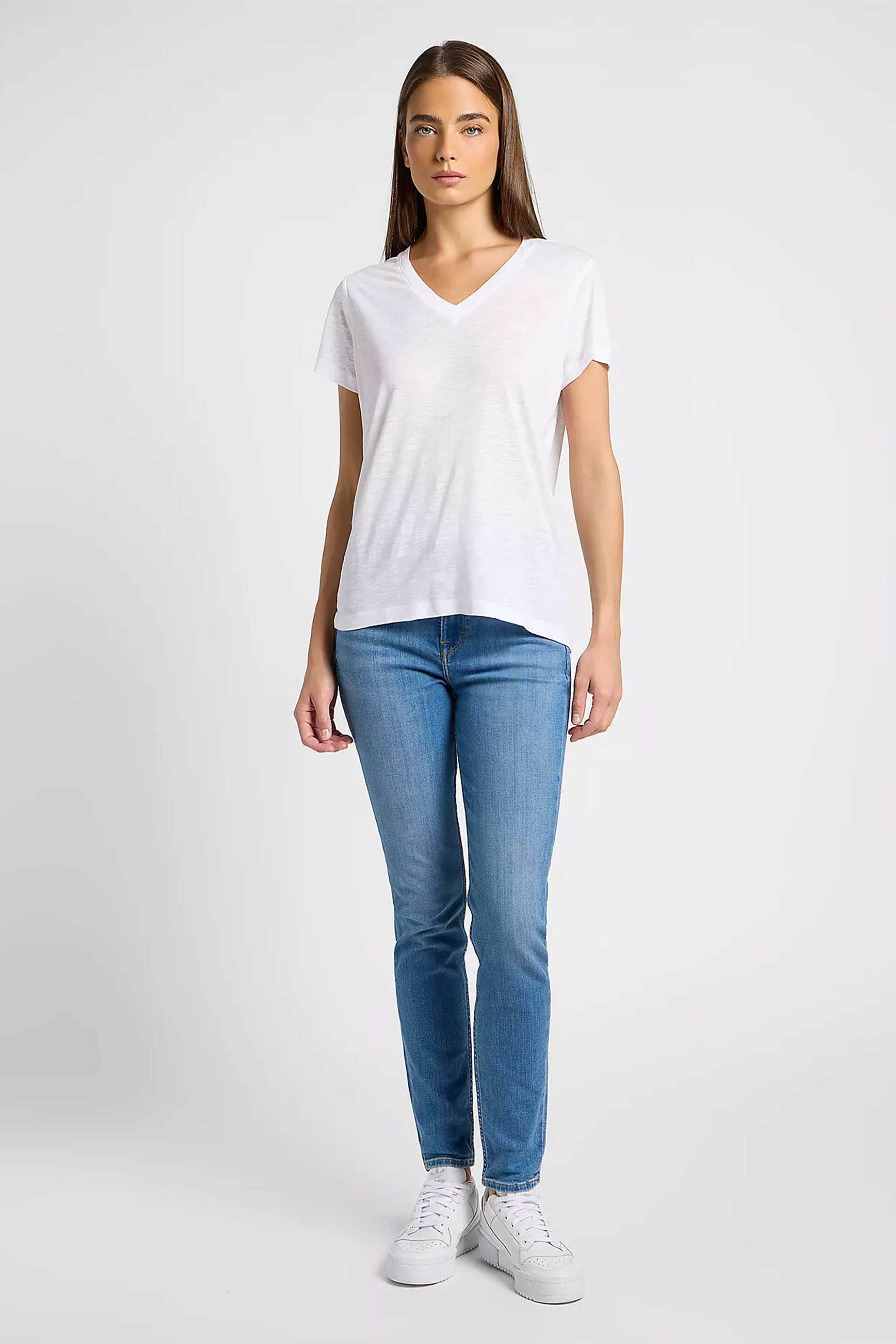 LEE Lee® γυναικείο T-shirt με V και κεντημένο ton-sur-ton λογότυπο Regular Fit - 112360426 Λευκό - 3