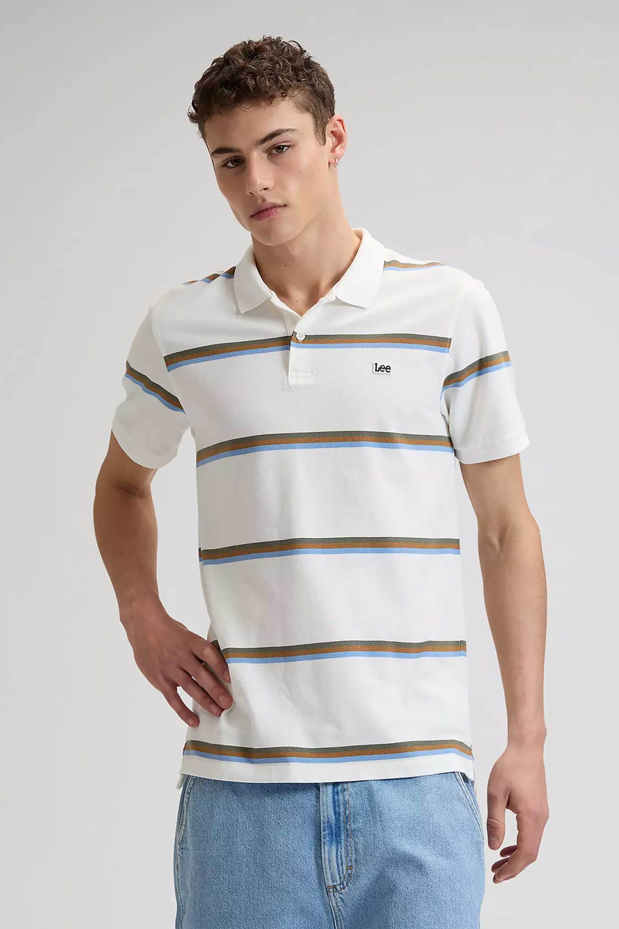Lee® ανδρική μπλούζα πόλο πικέ με ριγέ σχέδιο και κεντημένο λογότυπο Regular Fit - 112376476 Λευκό