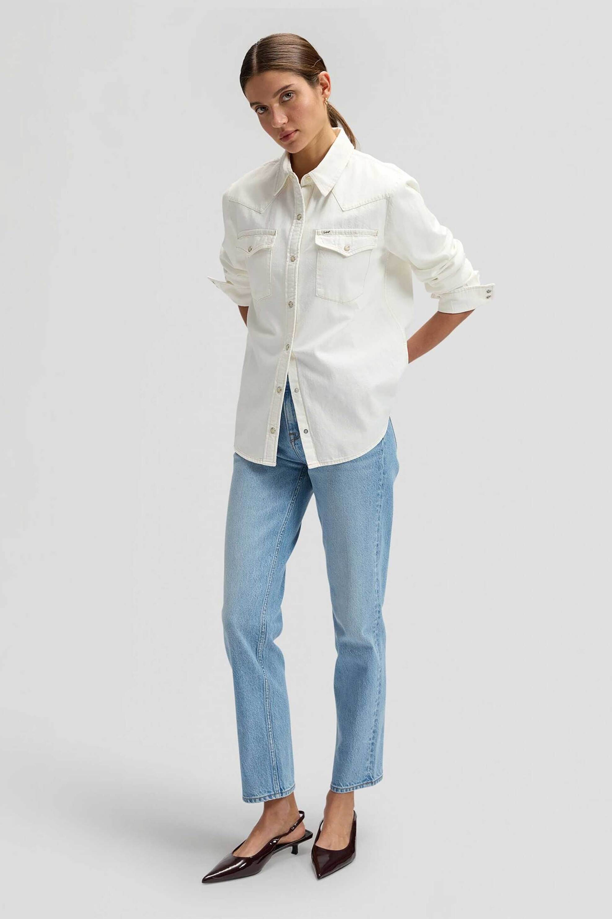 Lee® γυναικείο denim overshirt μονόχρωμο με flap τσέπες "Western" - 112376970 Λευκό φωτογραφία