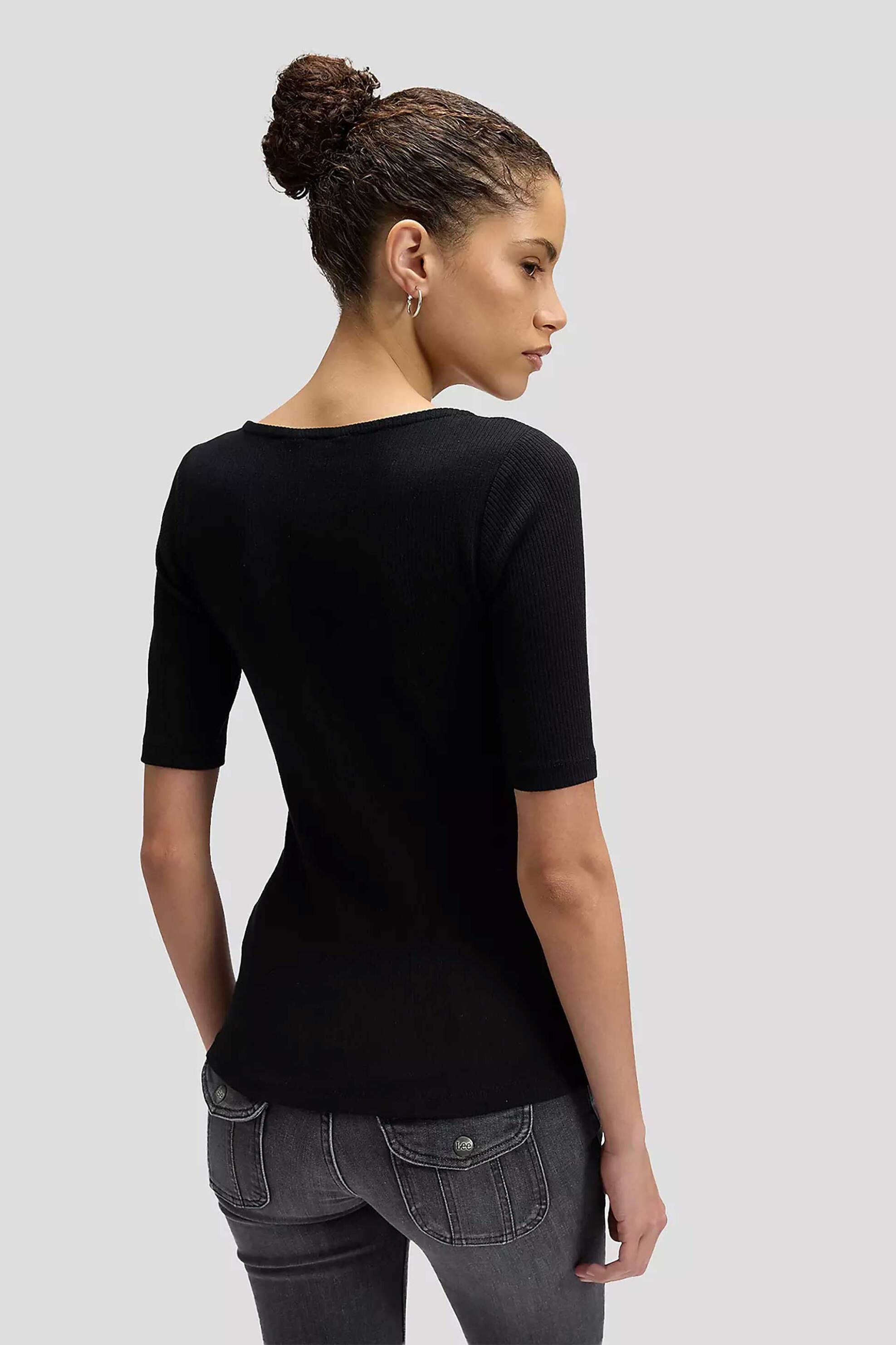 Lee Γυναικεία Κοντομάνικη Μπλούζα Ribbed Slim Fit - 112377001 Μαύρο