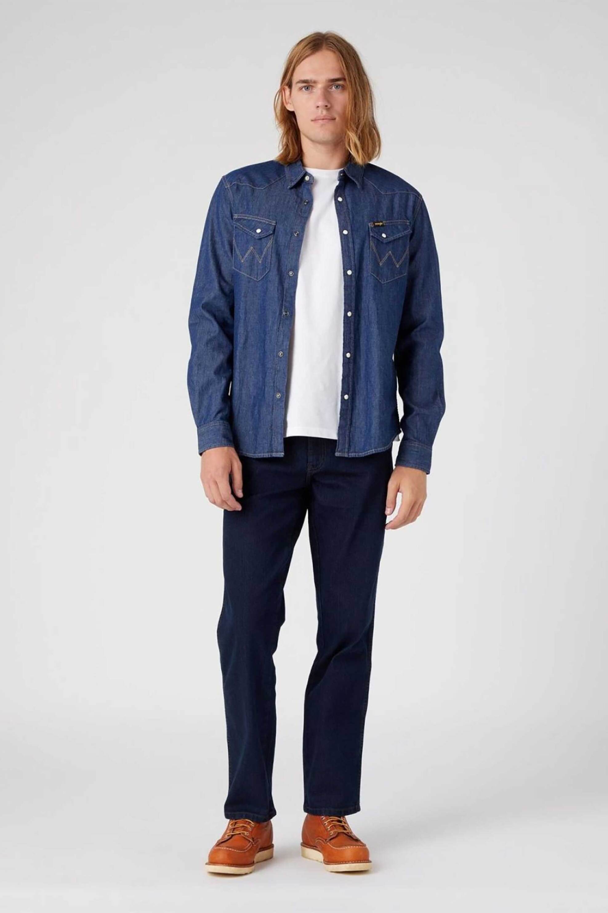 Wrangler® ανδρικό τζιν παντελόνι πεντάτσεπο με logo patch "Texas Blue Black" - 112126060 Σκούρο Μπλε