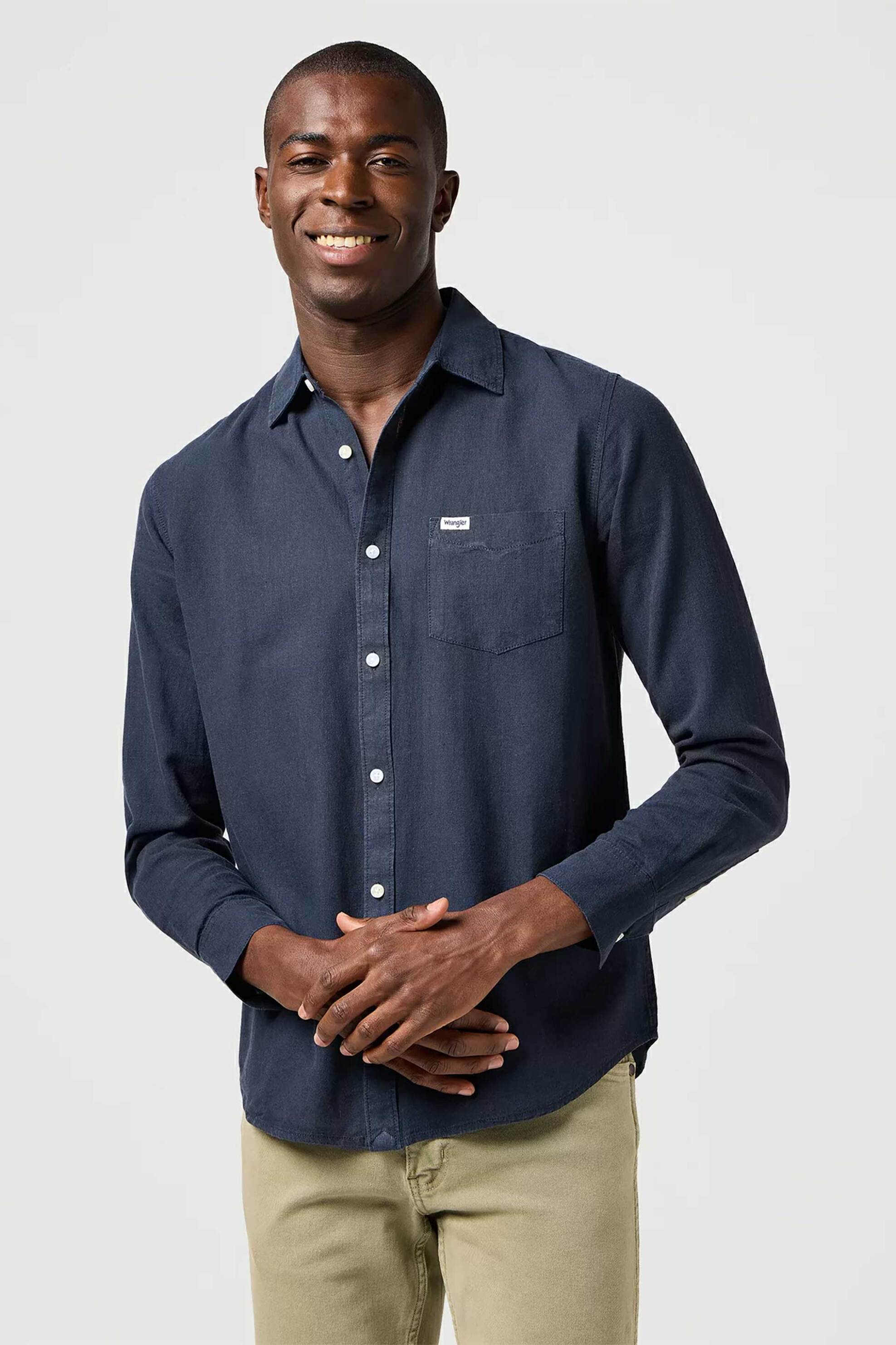 Wrangler® ανδρικό μονόχρωμο πουκάμισο "One Pocket" Regular Fit - 112362751 Μπλε Σκούρο