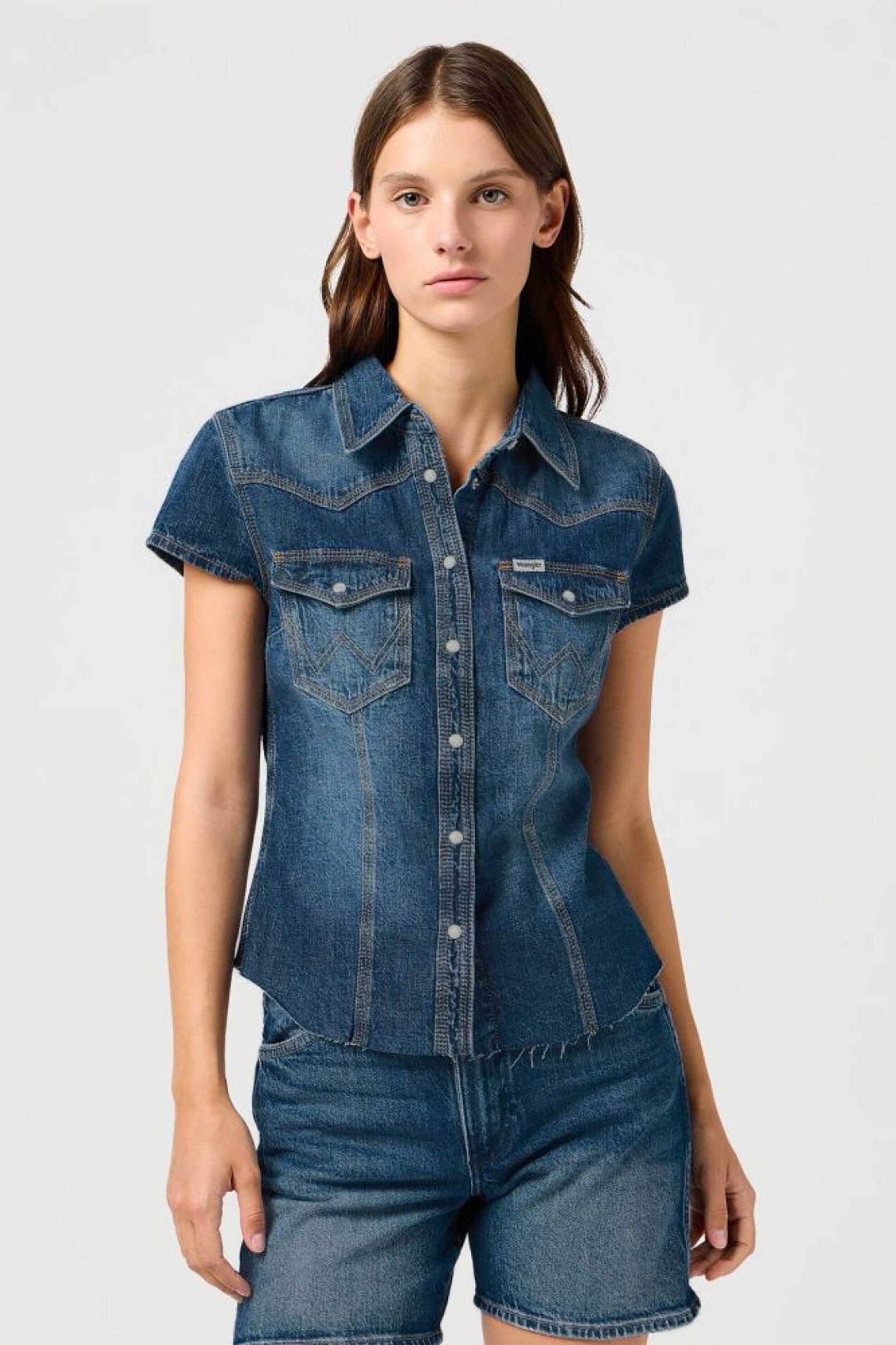 Wrangler Wrangler® γυναικείο πουκάμισο denim με κοντό μανίκι - 112362604 Denim Blue Σκούρο 2025