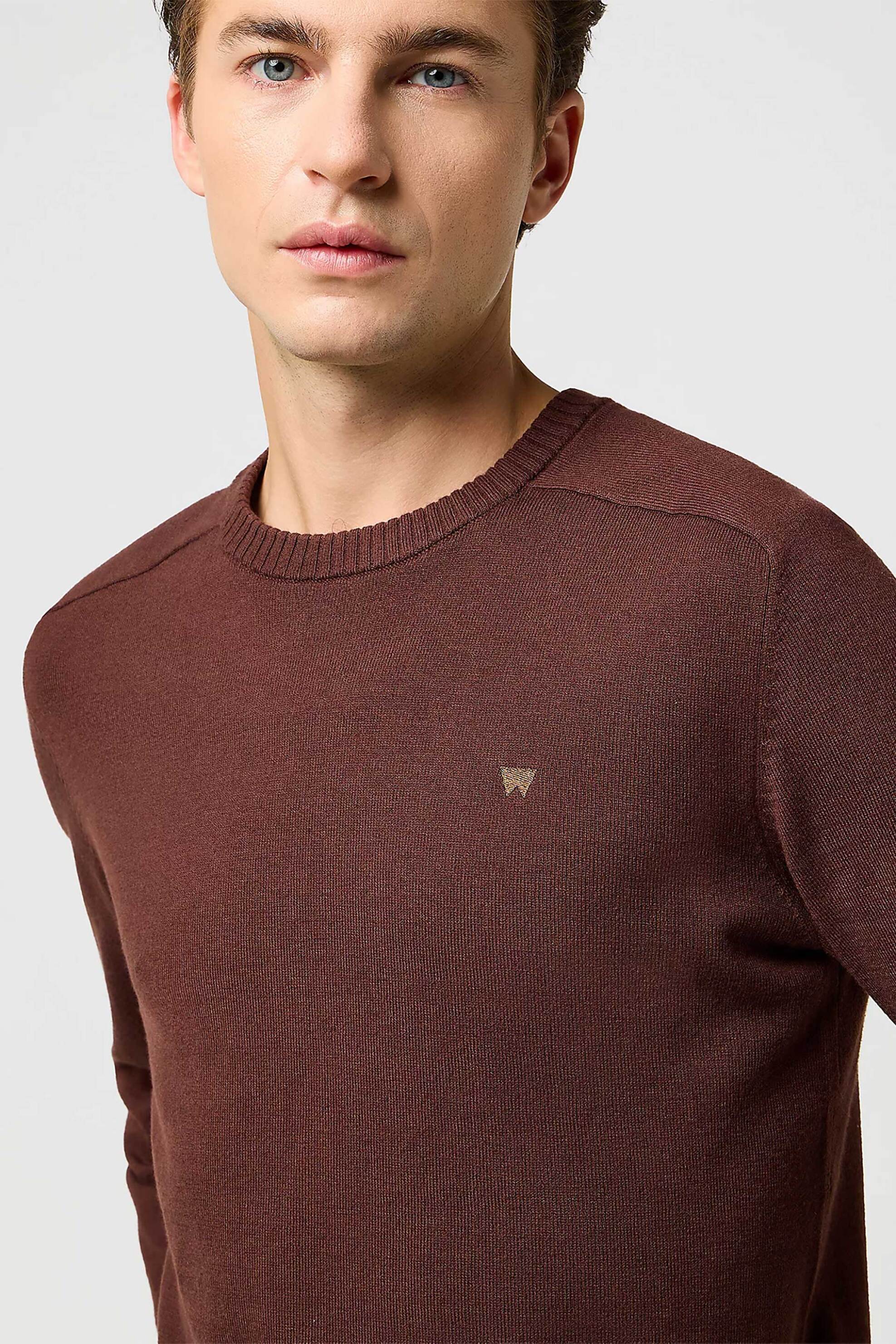 Wrangler® ανδρικό πουλόβερ μονόχρωμο με κεντημένο monogram Regular Fit - 112371538 Καφέ φωτογραφία
