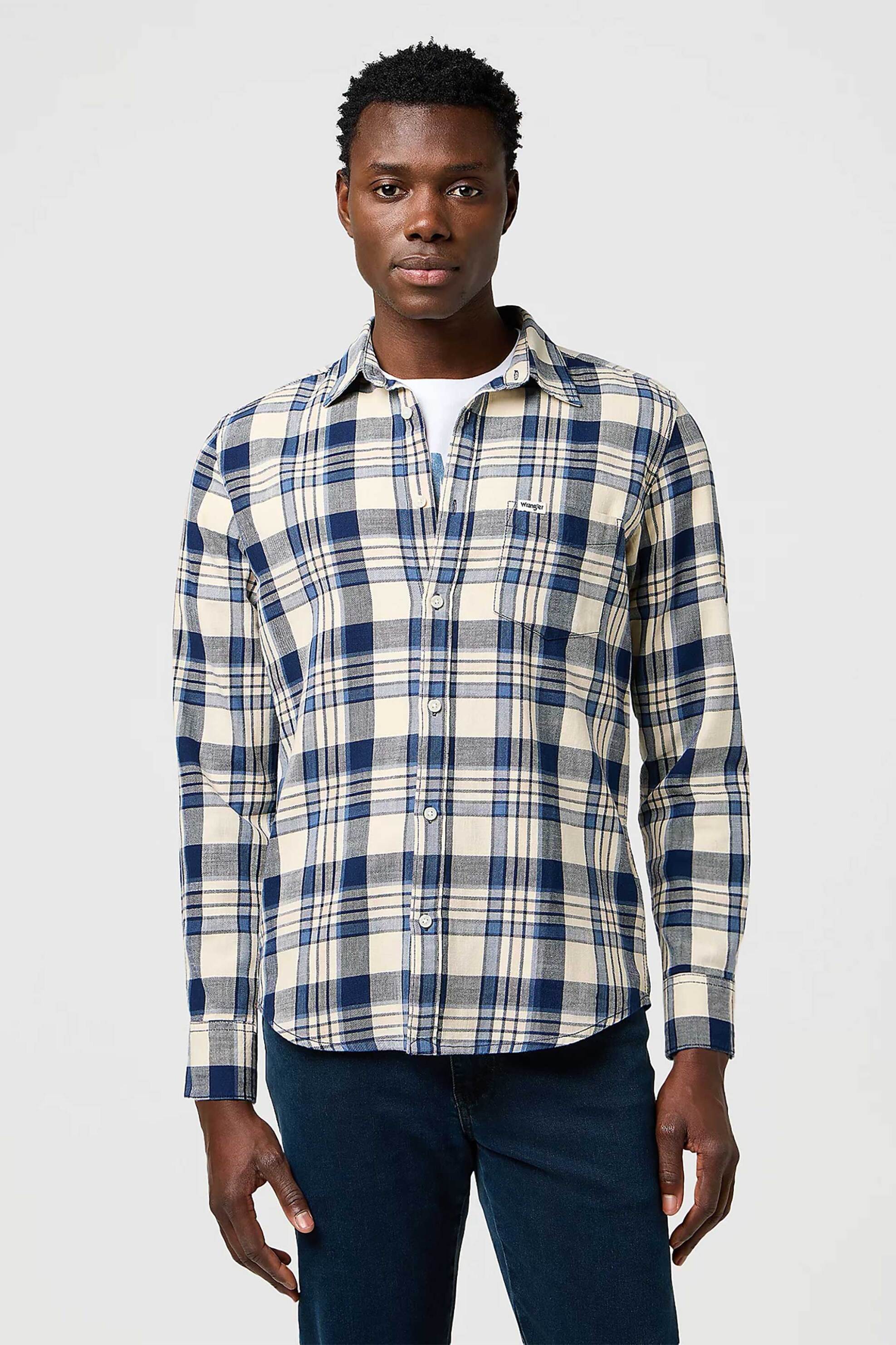 Wrangler® ανδρικό πουκάμισο με καρό σχέδιο και τσέπη με λογότυπο Regular Fit - 112371652 Μπλε