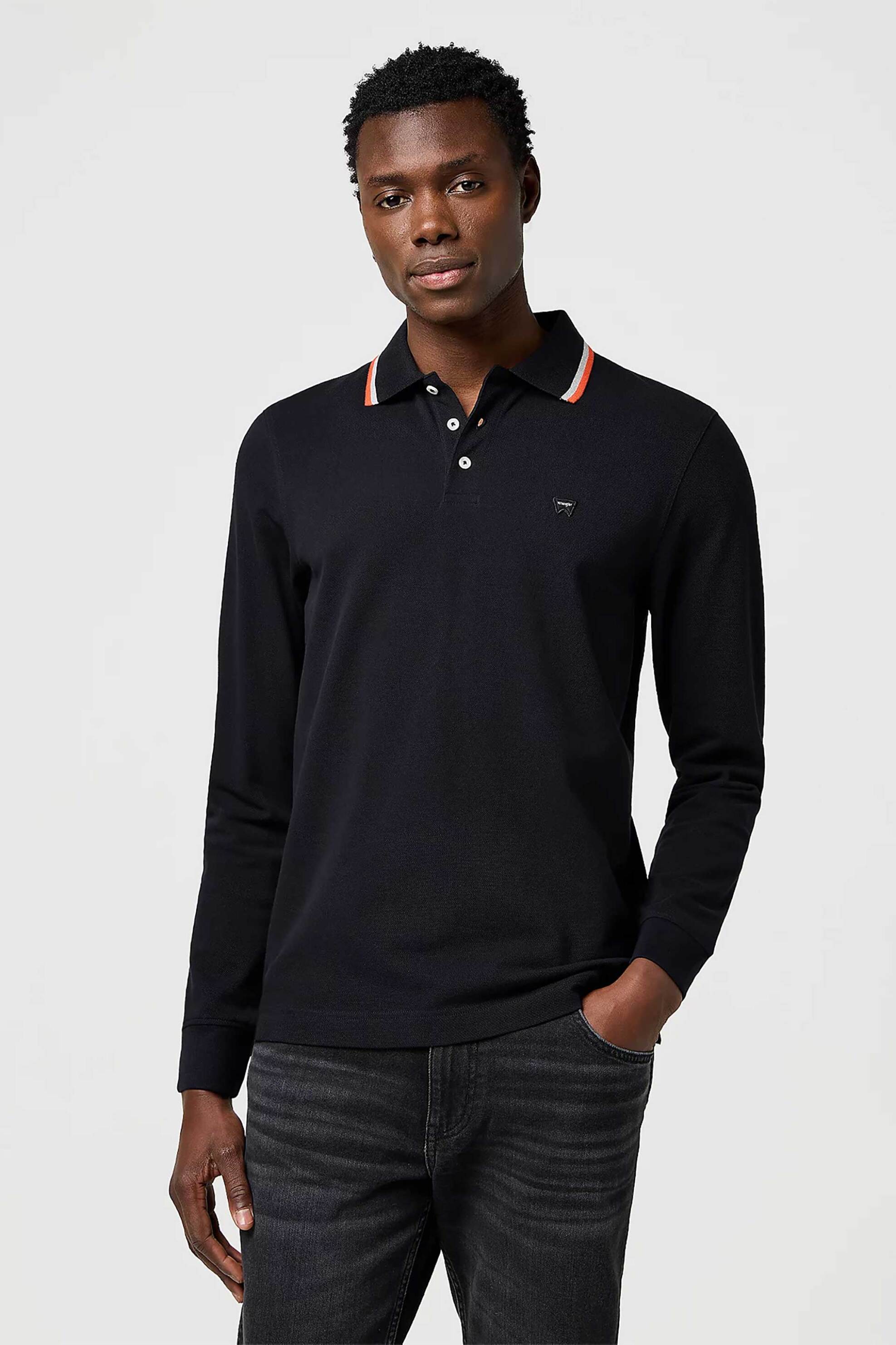Wrangler® ανδρική μπλούζα πόλο με μακρύ μανίκι και contrast λεπτομέρειες - 112371505 Μαύρο