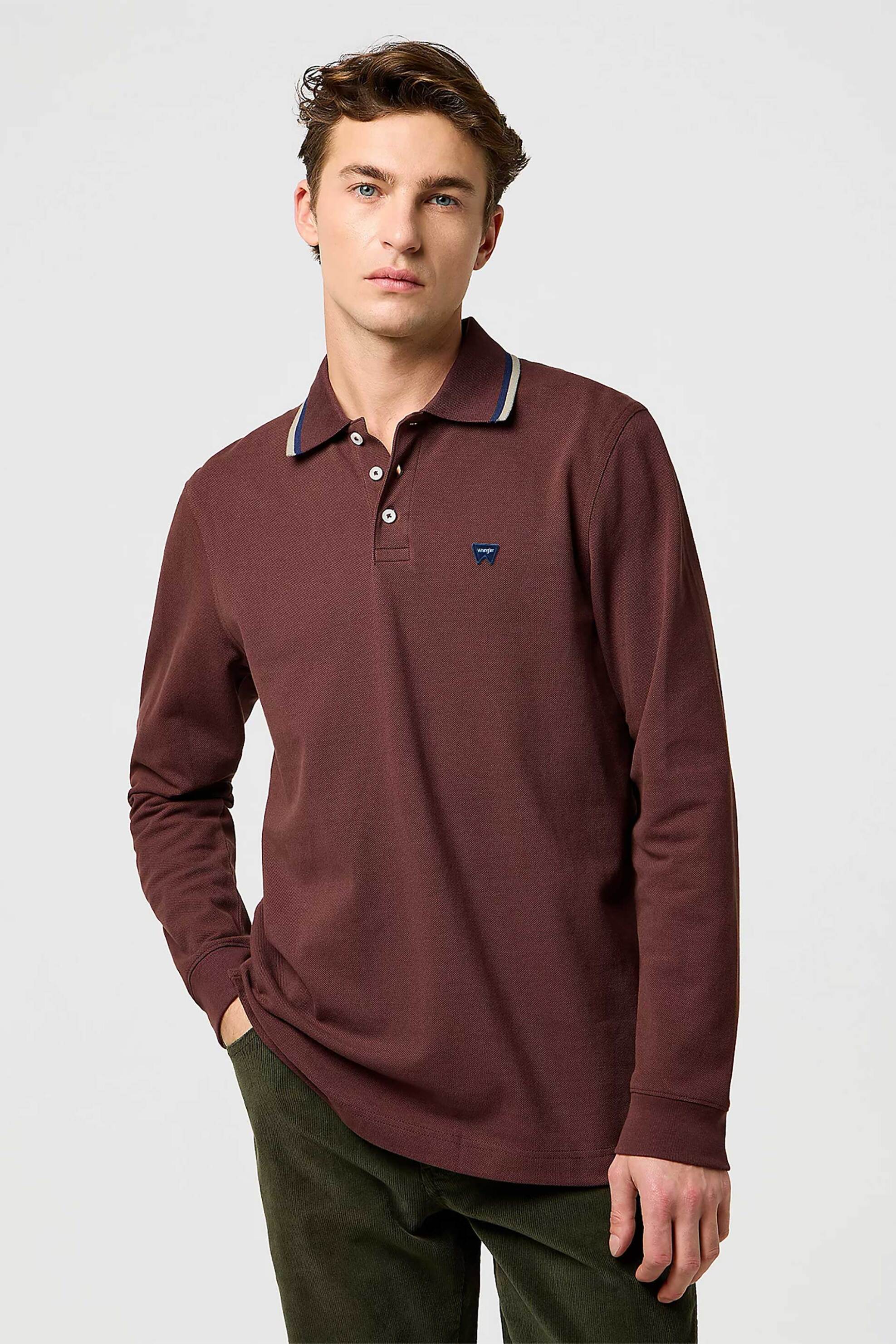 Wrangler® ανδρική μπλούζα πόλο με μακρύ μανίκι και contrast λεπτομέρειες - 112371508 Καφέ