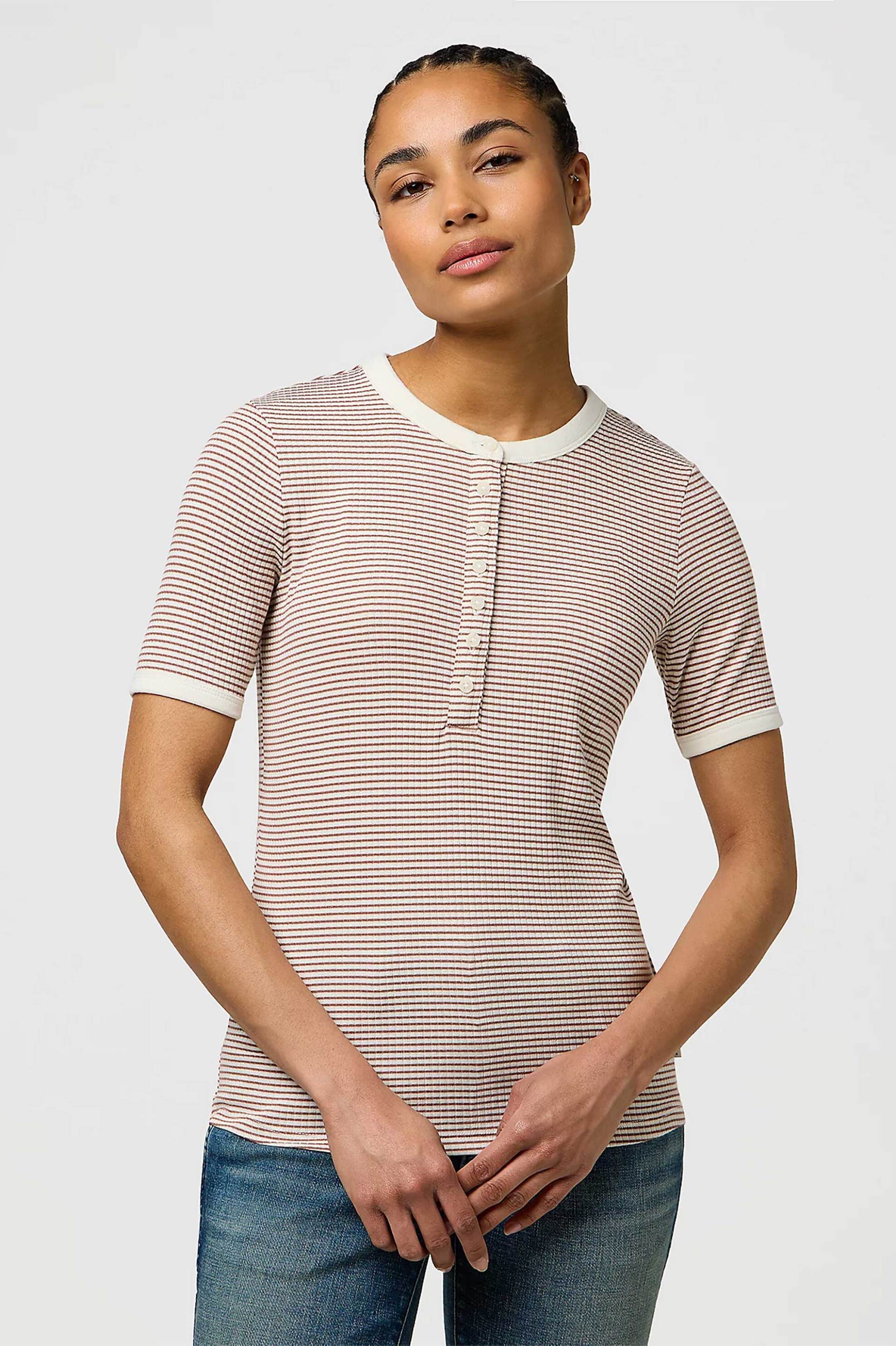 WRANGLER Wrangler® γυναικεία πλεκτή μπλούζα henley με ριγέ σχέδιο Slim Fit - 112370741 Καφέ Ανοιχτό