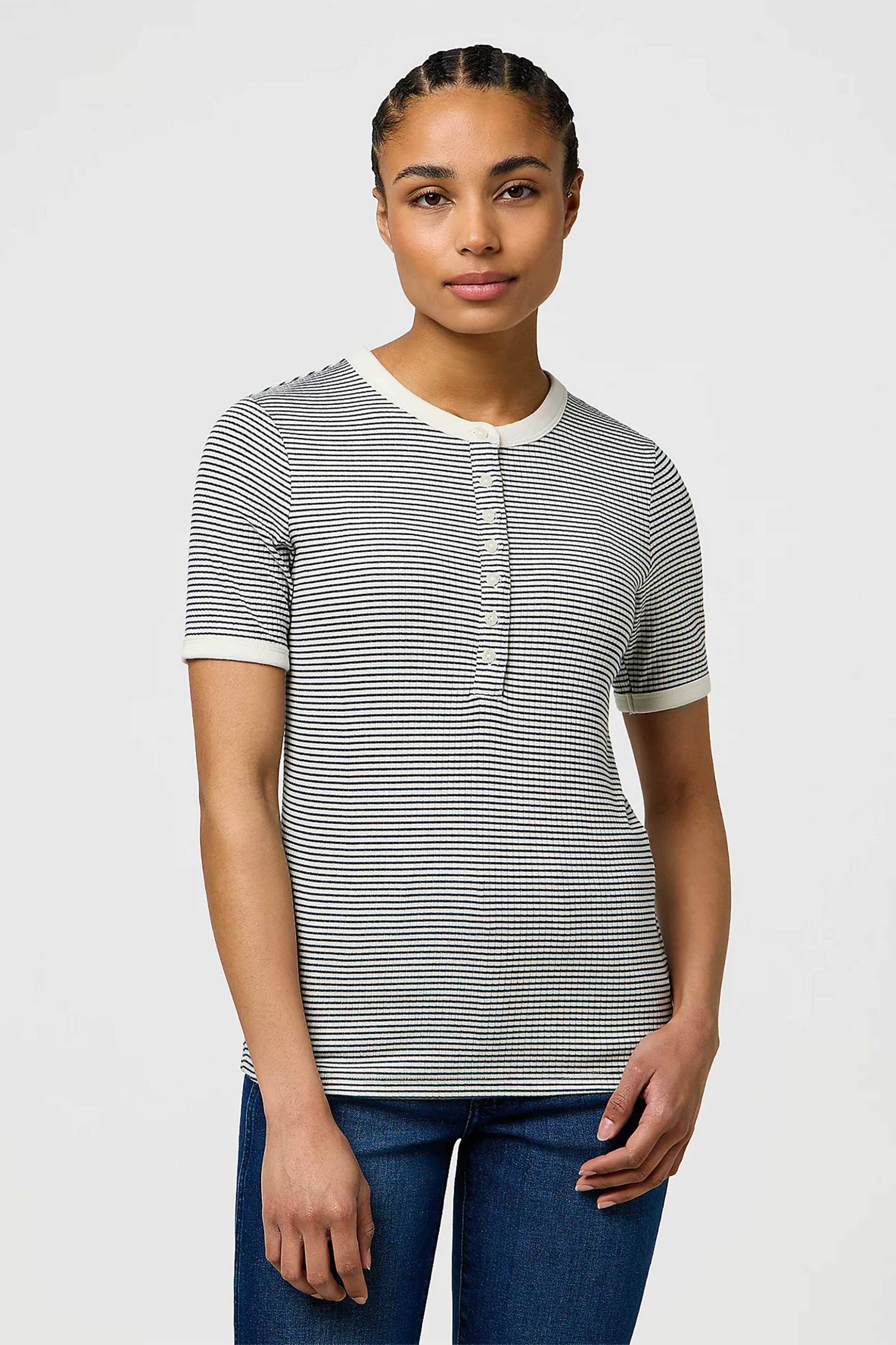 WRANGLER Wrangler® γυναικεία πλεκτή μπλούζα henley με ριγέ σχέδιο Slim Fit - 112370742 Μπλε Σκούρο