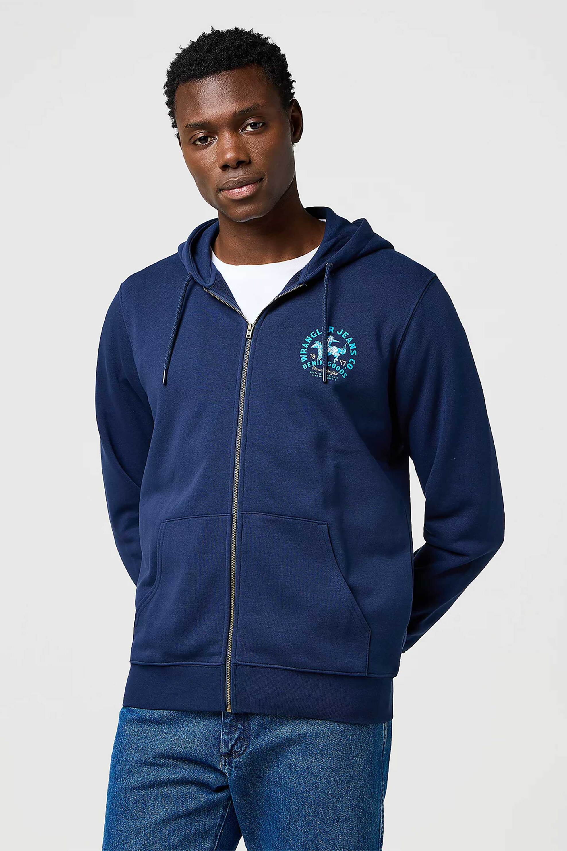 Wrangler® ανδρική ζακέτα φούτερ με κουκούλα και graphic print Regular Fit - 112371461 Μπλε Σκούρο