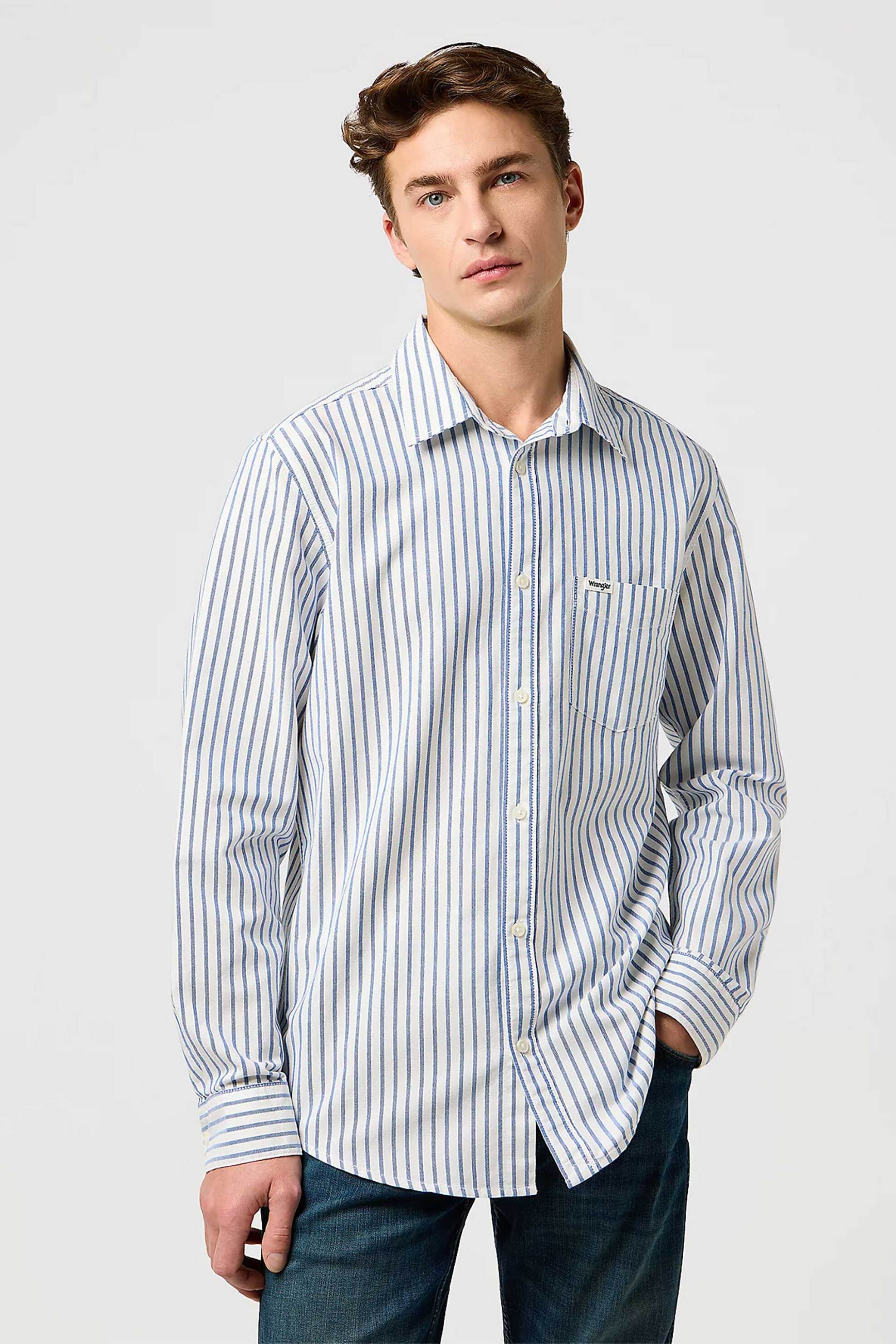 Wrangler® ανδρικό πουκάμισο με ριγέ σχέδιο και τσέπη με λογότυπο Regular Fit - 112372981 Μπλε Ανοιχτό