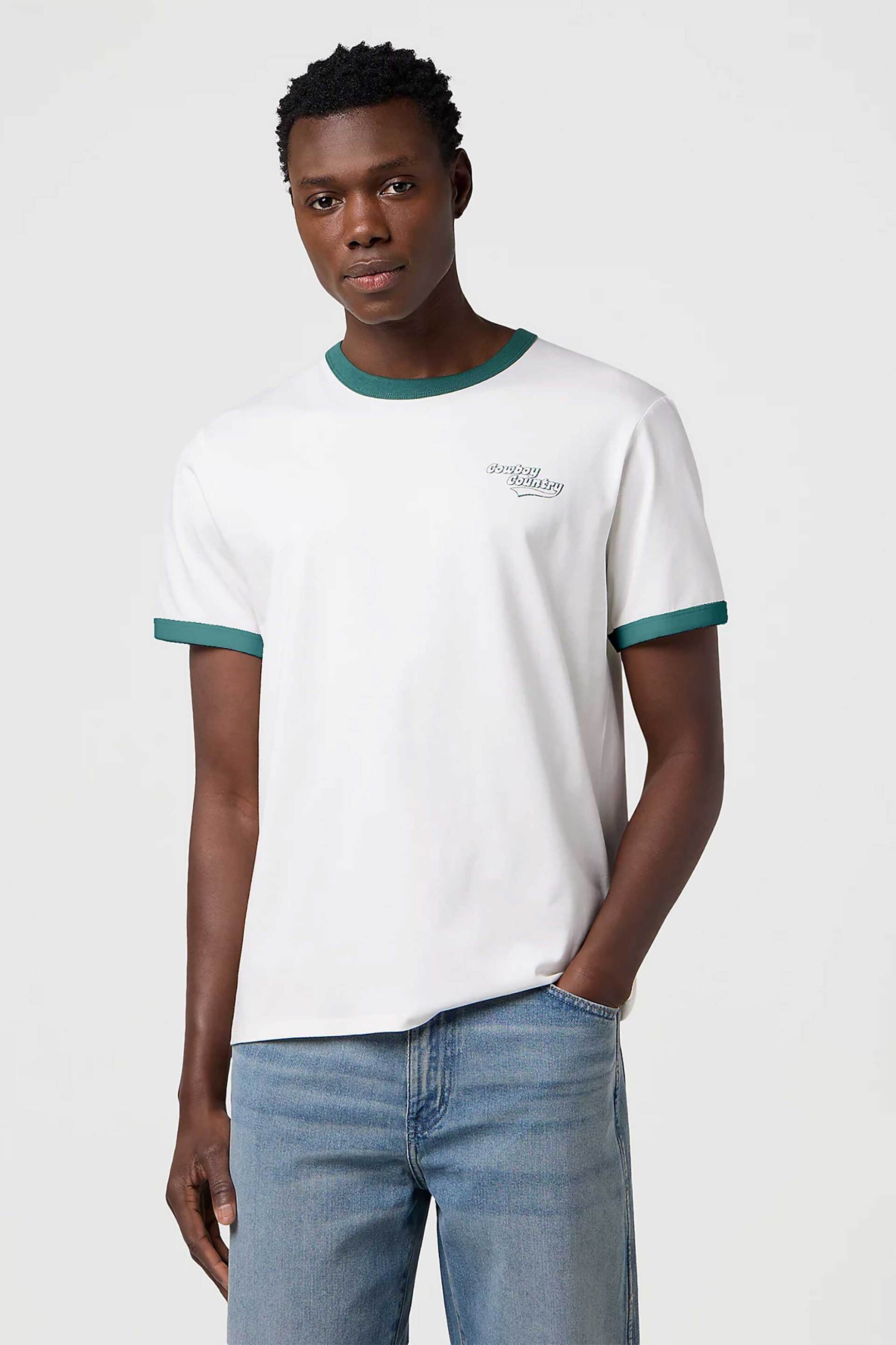 Wrangler® ανδρικό T-shirt με contrast trims και lettering Relaxed Fit "Ringer" - 112371497 Λευκό