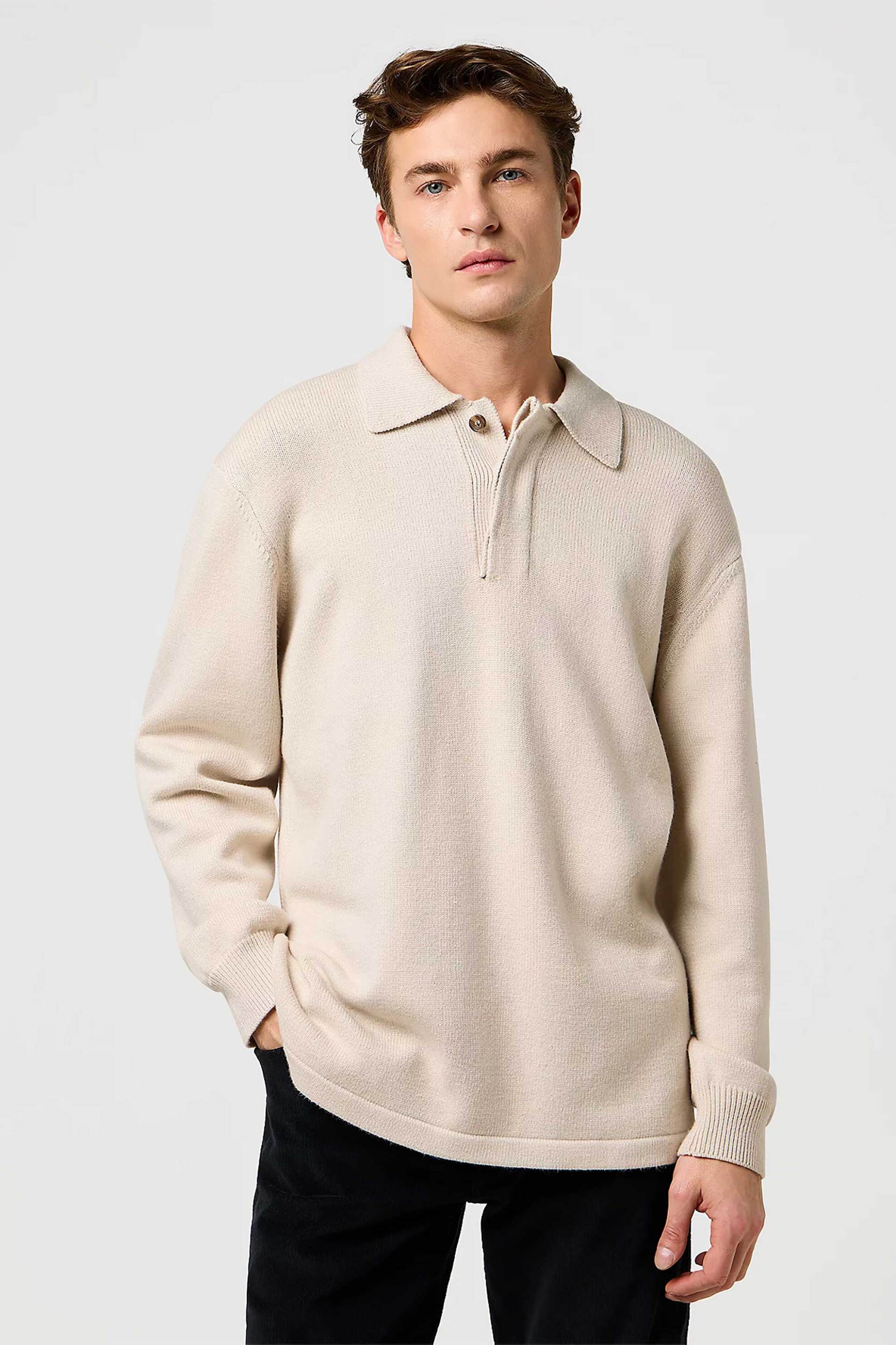 Wrangler® ανδρική πλεκτή μπλούζα πόλο μονόχρωμη Regular Fit - 112371530 Εκρού