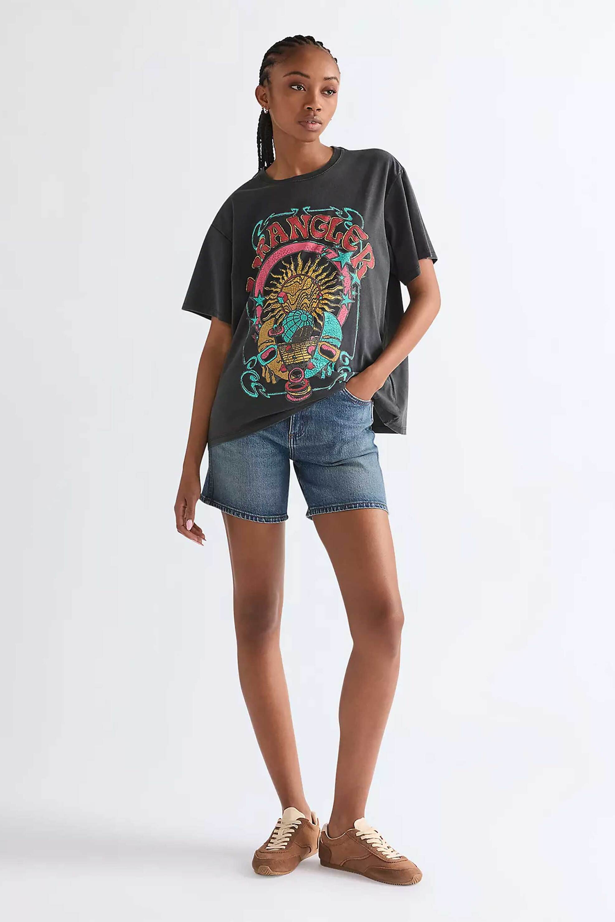 Wrangler® γυναικείο ψηλόμεσο denim σορτς πεντάτσεπο Relaxed Fit "Cowboy" (5") - 112378216 Denim Blue