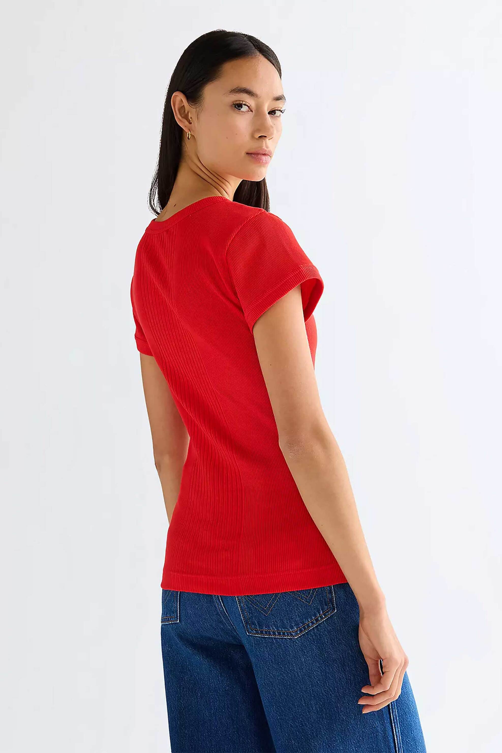 Wrangler Γυναικείο T-Shirt Ribbed Slim Fit Capped - 112380151 Κόκκινο