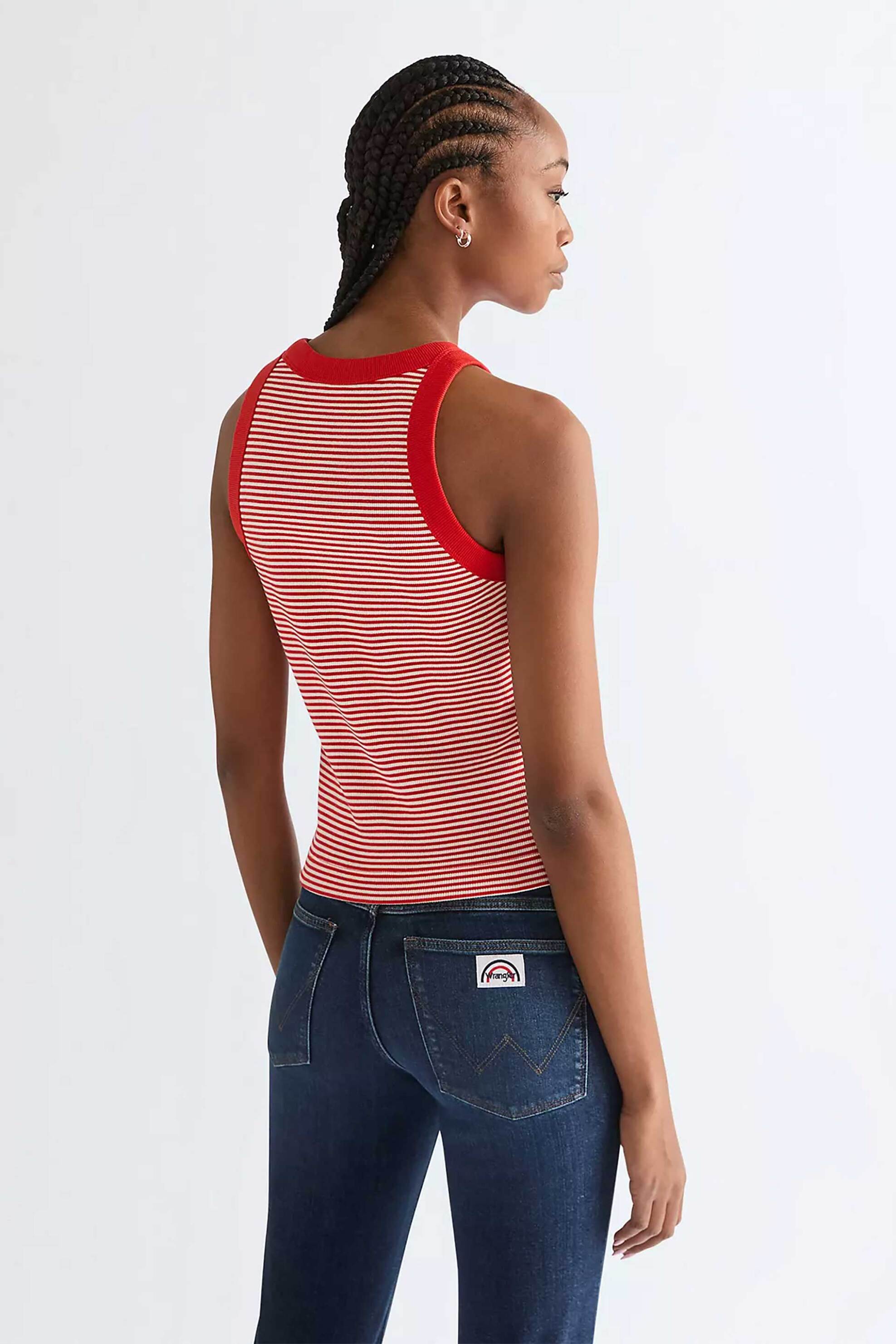 Wrangler Γυναικεία Αμάνικη Μπλούζα με Ριγέ Σχέδιο Και Λογότυπο Slim Fit - 112378397 Κόκκινο