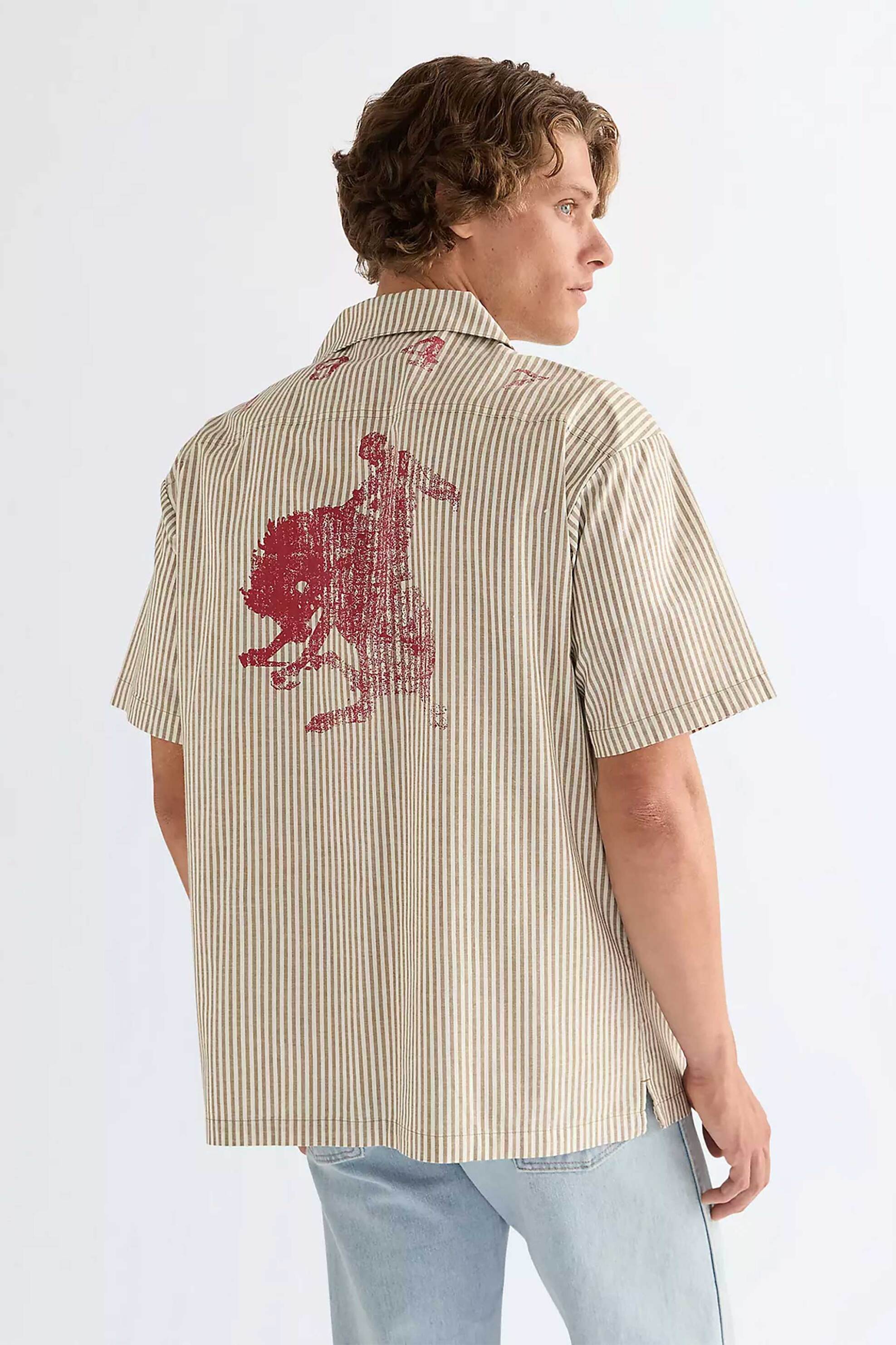 Wrangler Ανδρικό Κοντομάνικο Πουκάμισο με Ριγέ Σχέδιο Και Print Relaxed Fit - 112378042 Λαδί