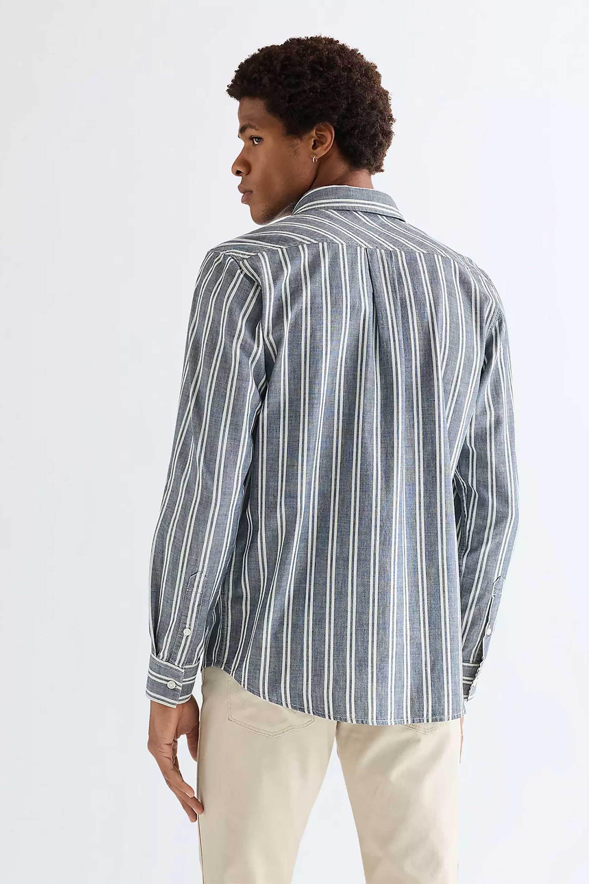 Wrangler Ανδρικό Πουκάμισο με Ριγέ Σχέδιο Και Τσέπες Regular Fit Chambray - 112378120 Μπλε Σκούρο