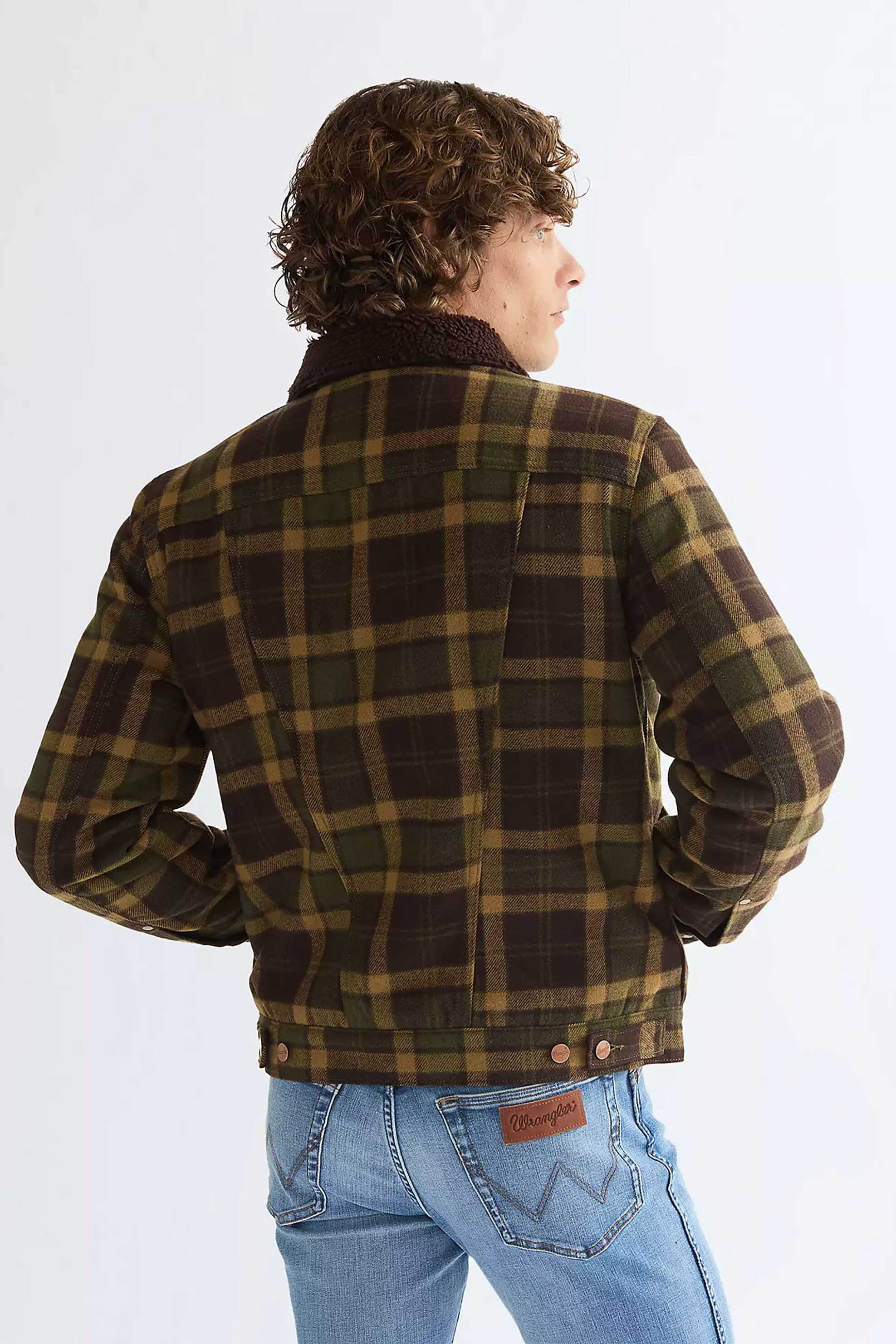 Wrangler Ανδρικό Jacket με Καρό Σχέδιο Και Μπουκλέ Γιακά Regular Fit - 112387071 Λαδί