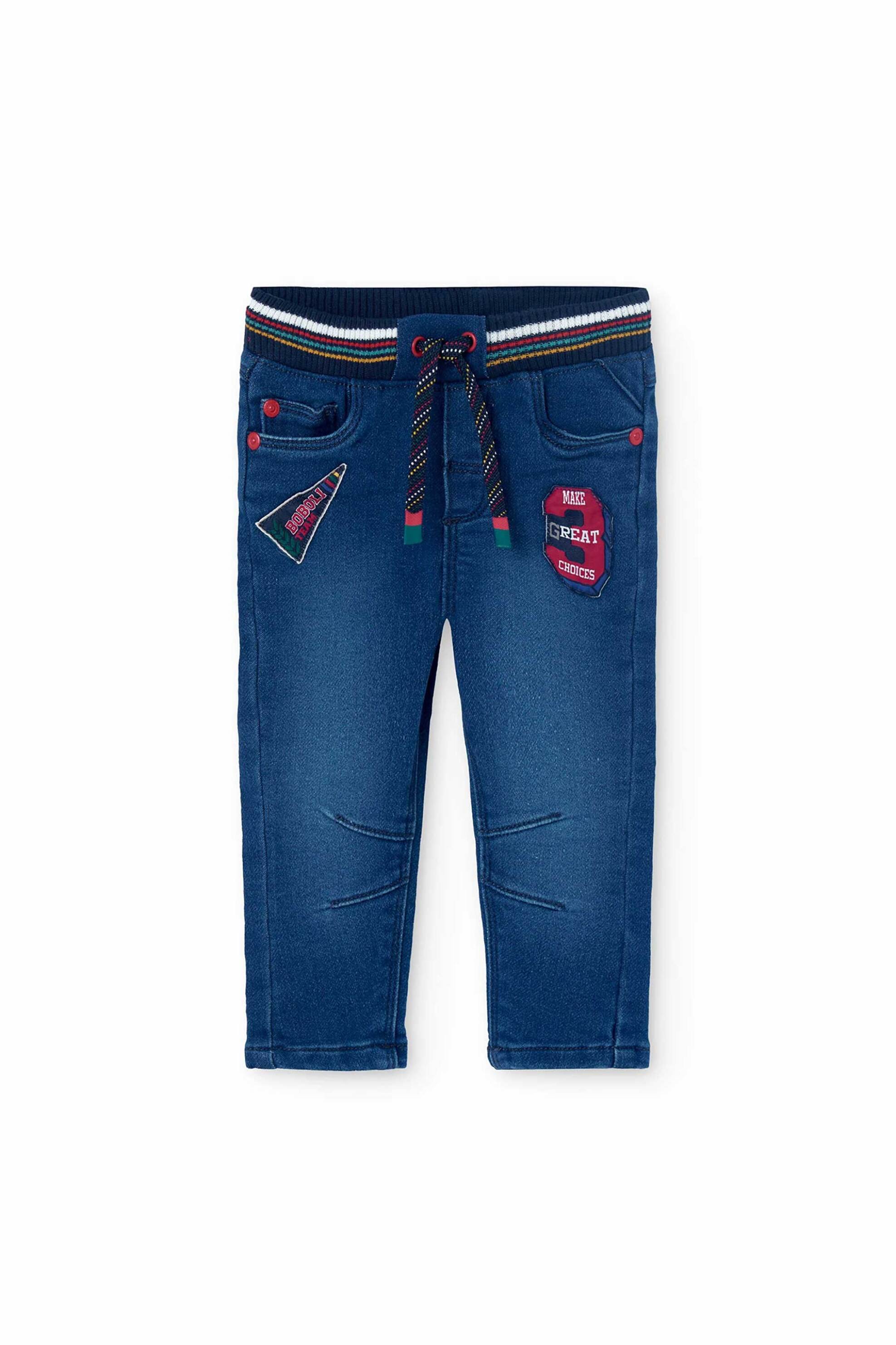 Boboli παιδικό τζιν παντελόνι πεντάτσεπο με ελαστική μέση και κεντήματα - 309046 Denim Blue Σκούρο