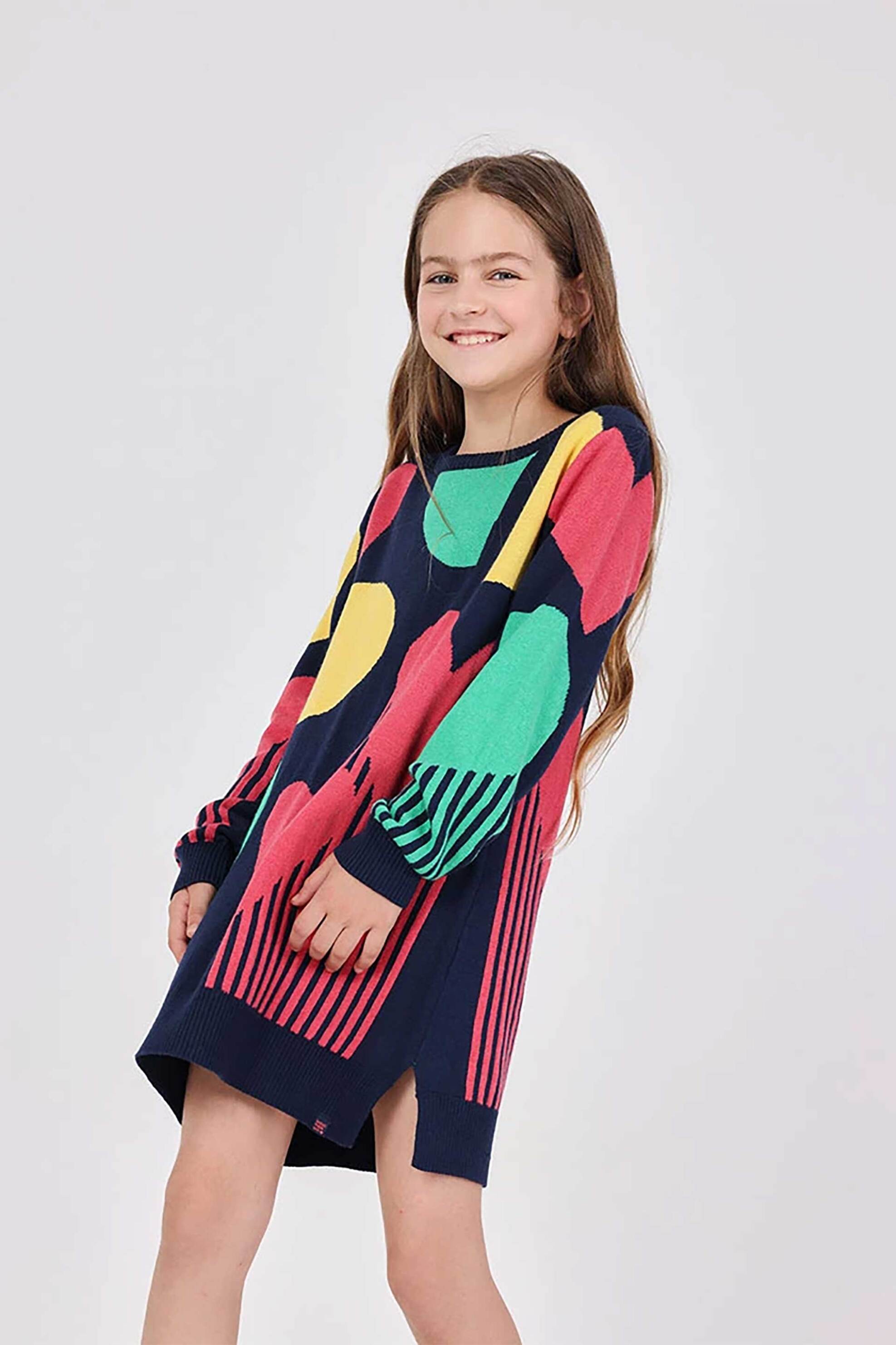 BOBOLI Boboli παιδικό πλεκτό φόρεμα με πολύχρωμο μοτίβο - 412096 Σκούρο Μπλε