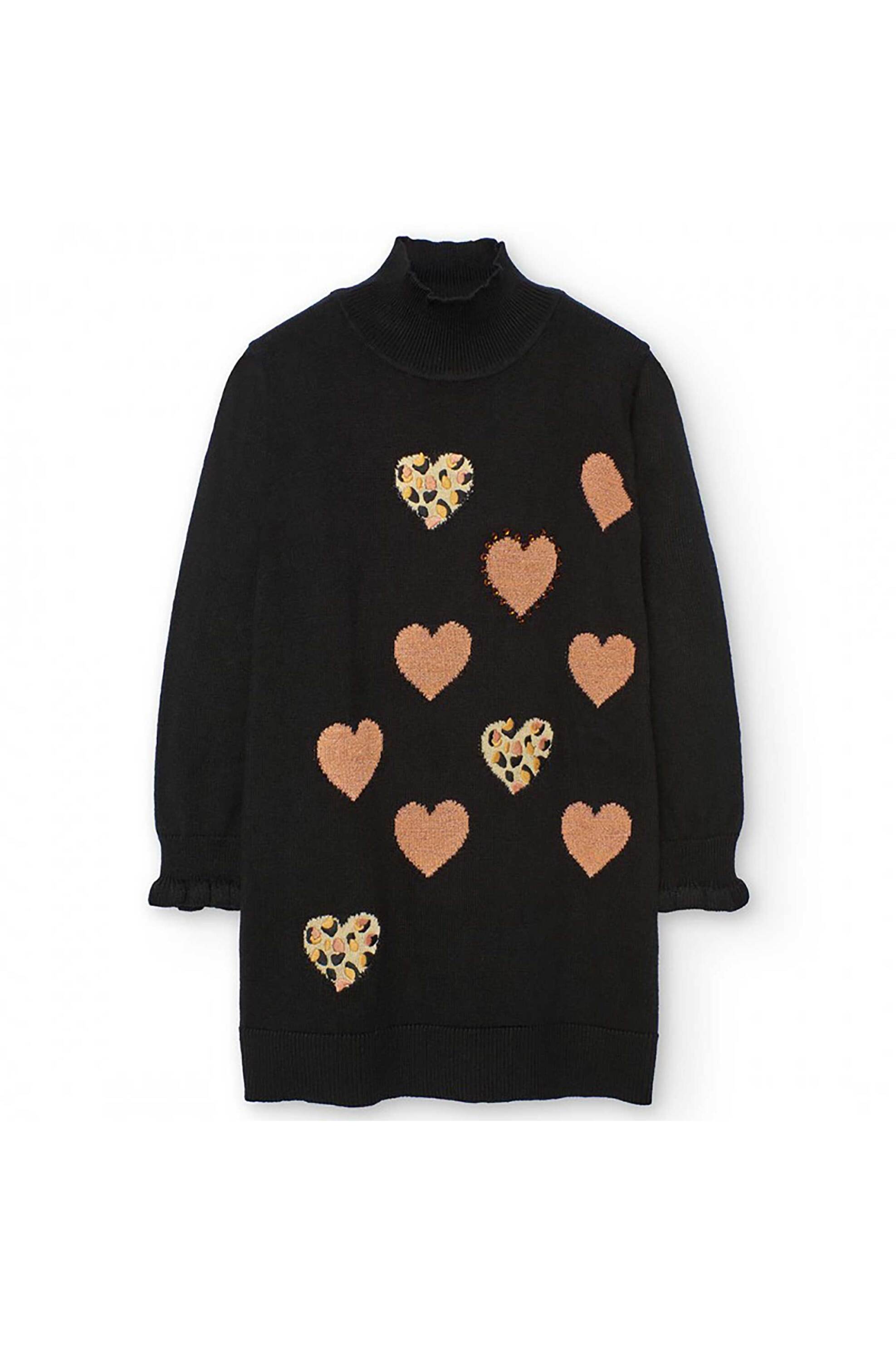 BOBOLI Boboli παιδικό πλεκτό φόρεμα με ψηλό λαιμό και σχέδιο με καρδούλες - 722326 Μαύρο