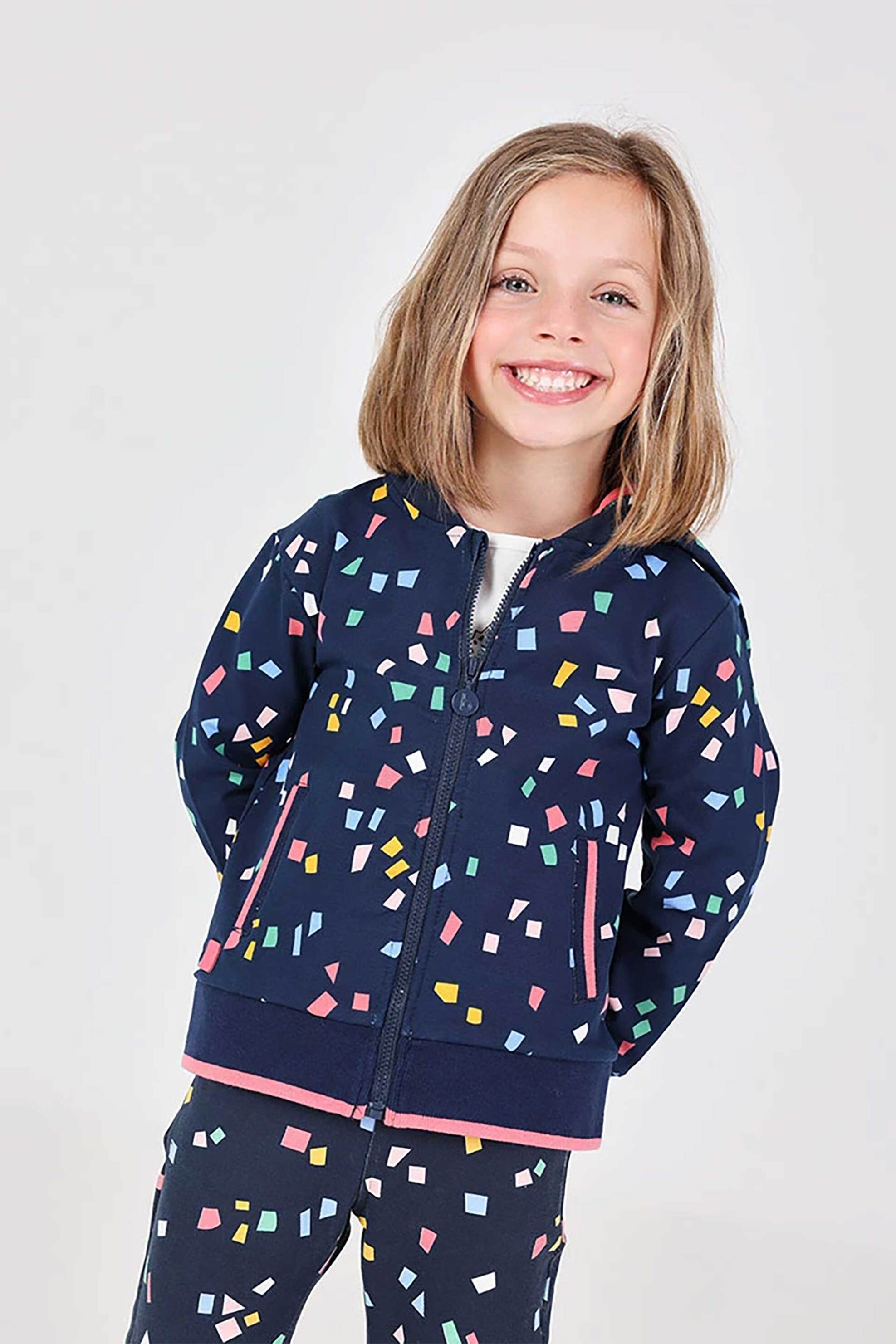 Boboli παιδική ζακέτα φούτερ με κουκούλα και πολύχρωμο σχέδιο - 202127 Μπλε Σκούρο