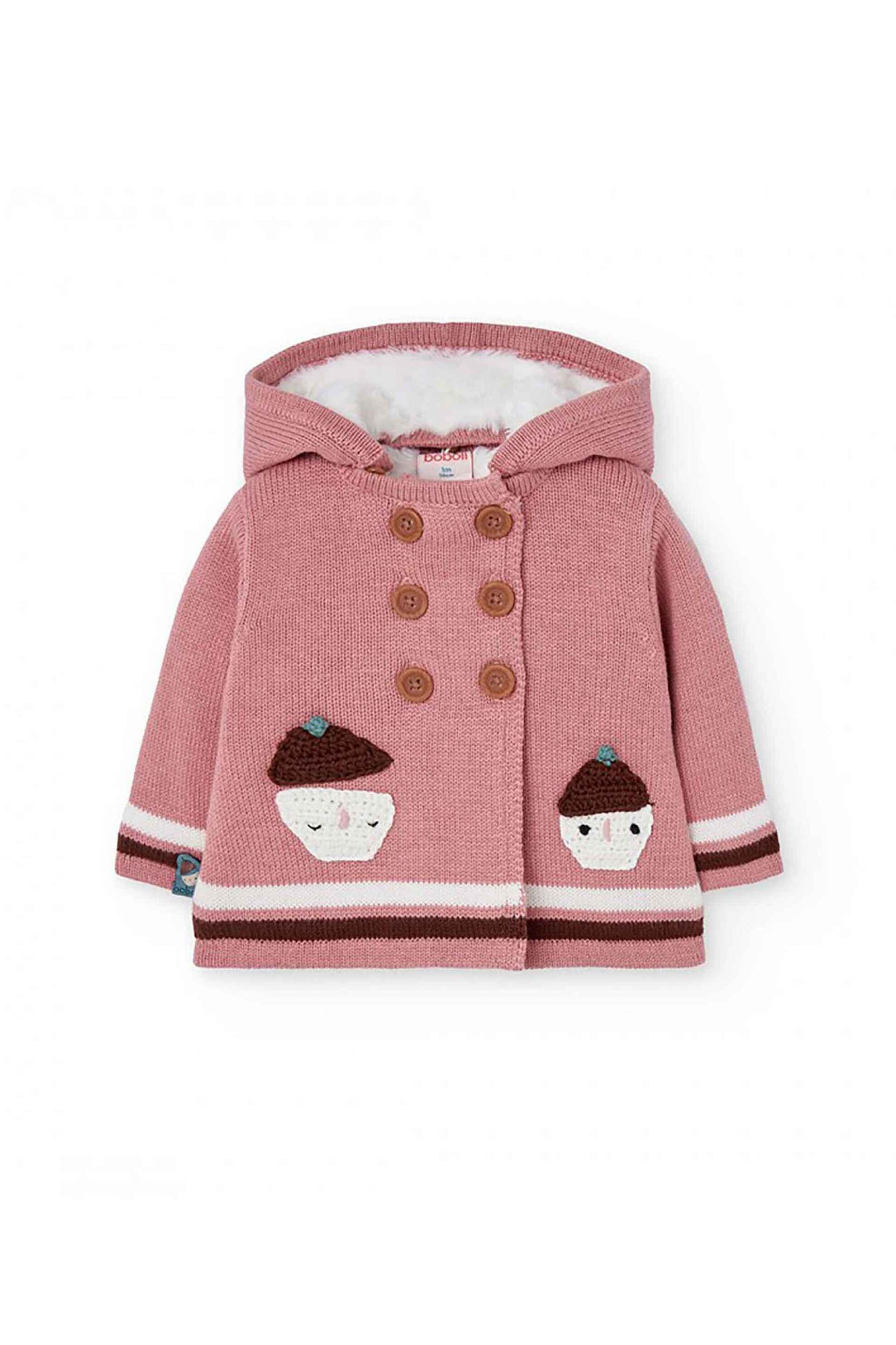 BOBOLI Boboli βρεφική πλεκτή ζακέτα με κεντήματα και κουκούλα με επένδυση από faux γούνα - 142120 Ροζ