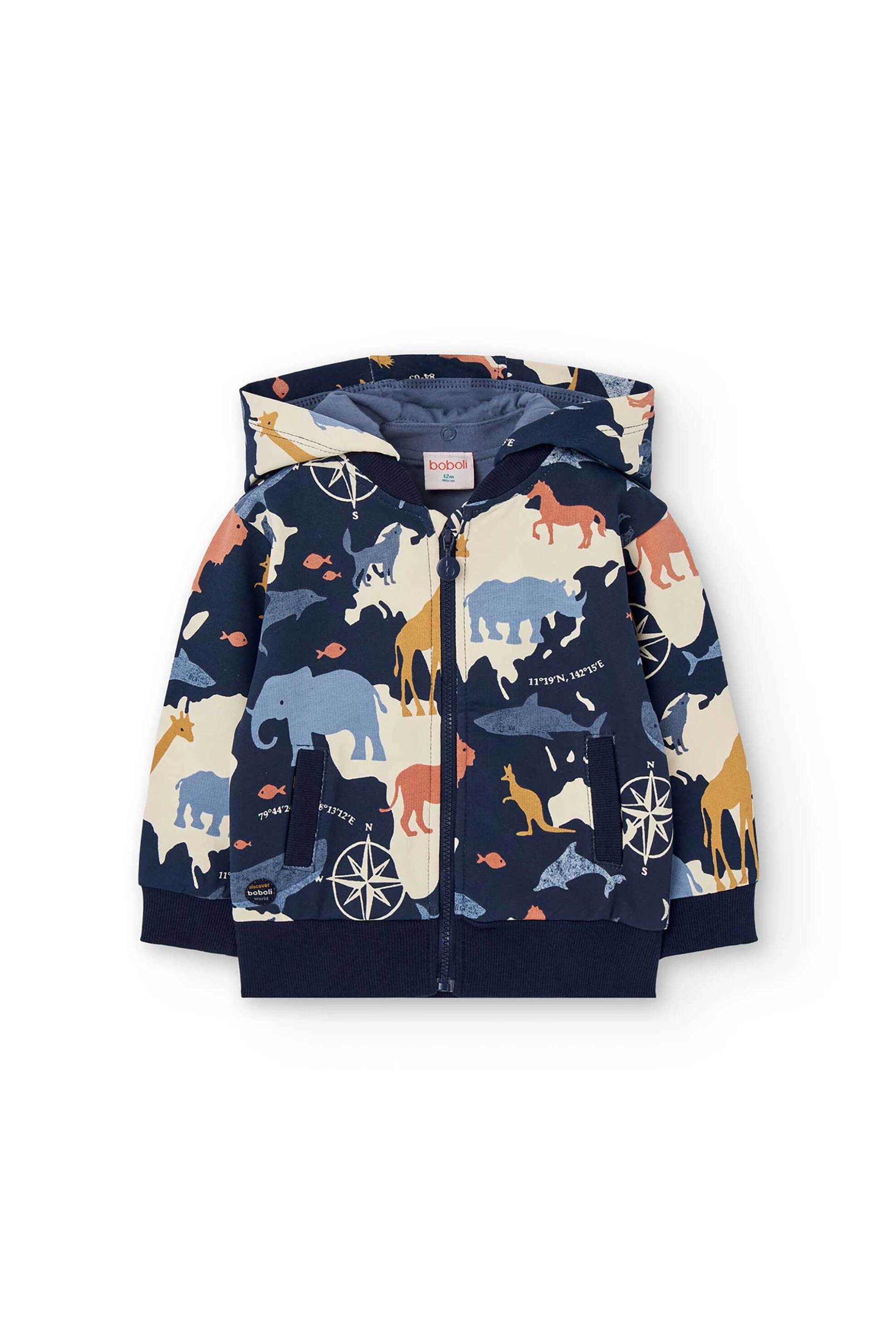 Boboli παιδική ζακέτα φούτερ με κουκούλα και σχέδιο με ζωάκια - 302151 Μπλε Σκούρο