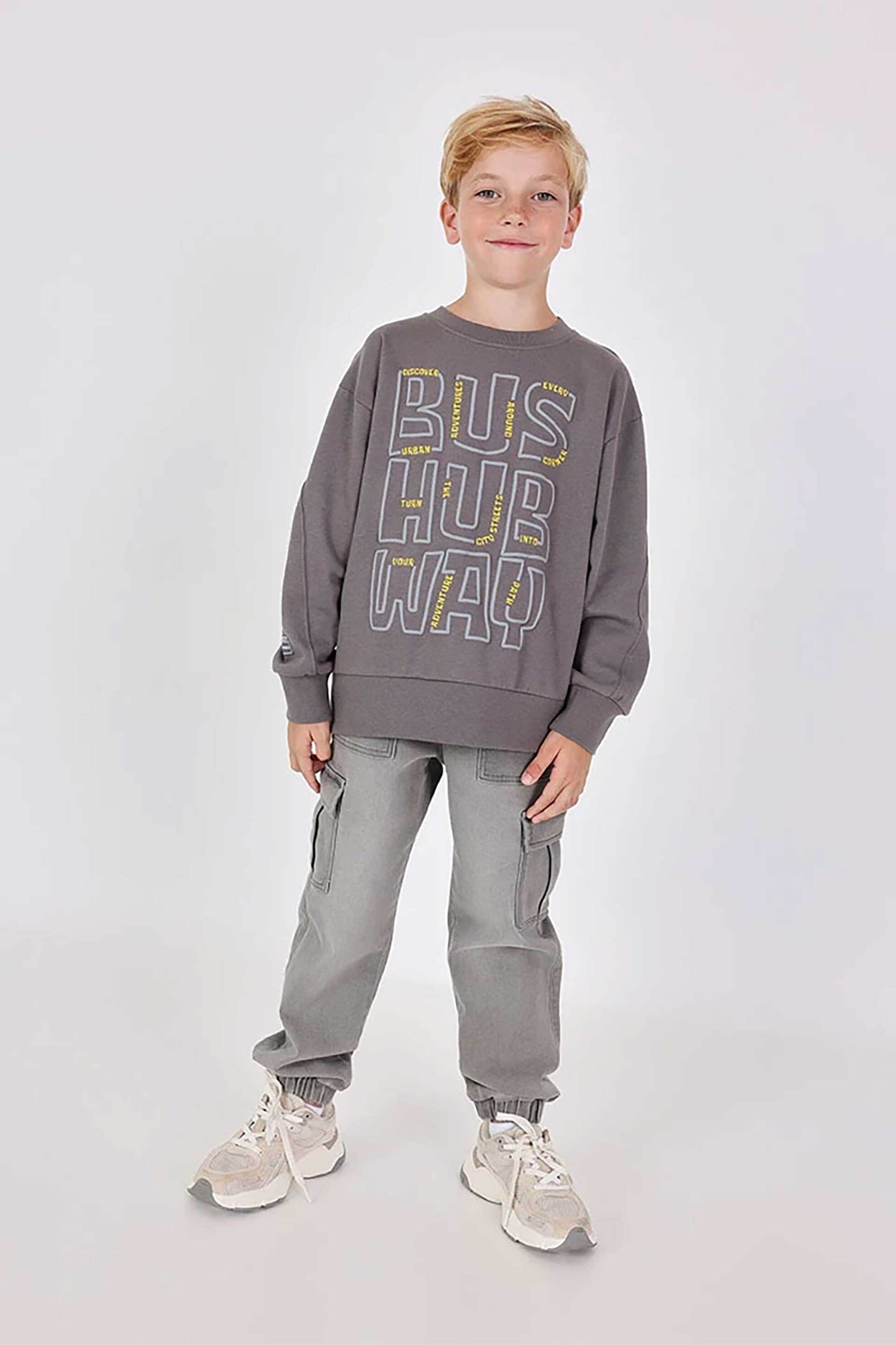 Boboli παιδικό τζιν παντελόνι με ελαστική μέση και cargo τσέπες - 512222 Γκρι