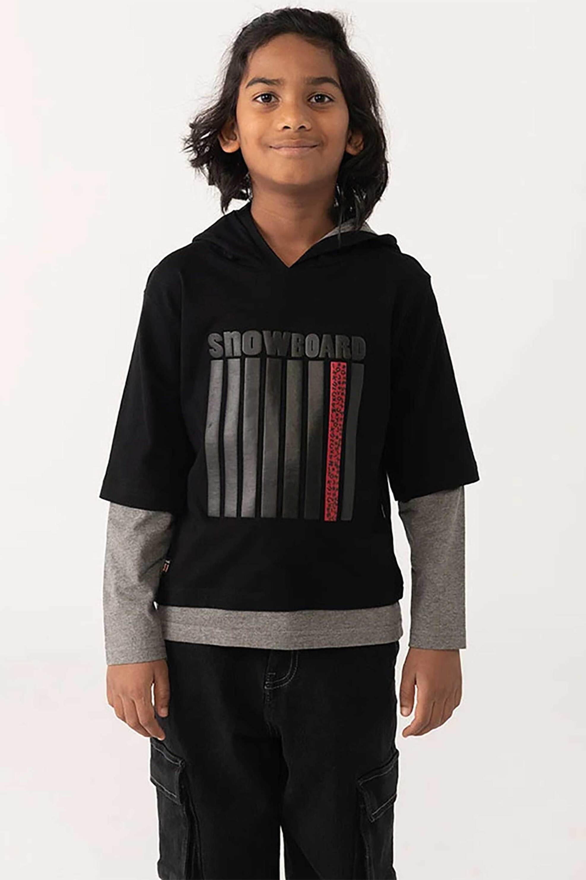 Boboli παιδική μακρυμάνικη μπλούζα με κουκούλα και ανάγλυφο σχέδιο - 532000 Μαύρο