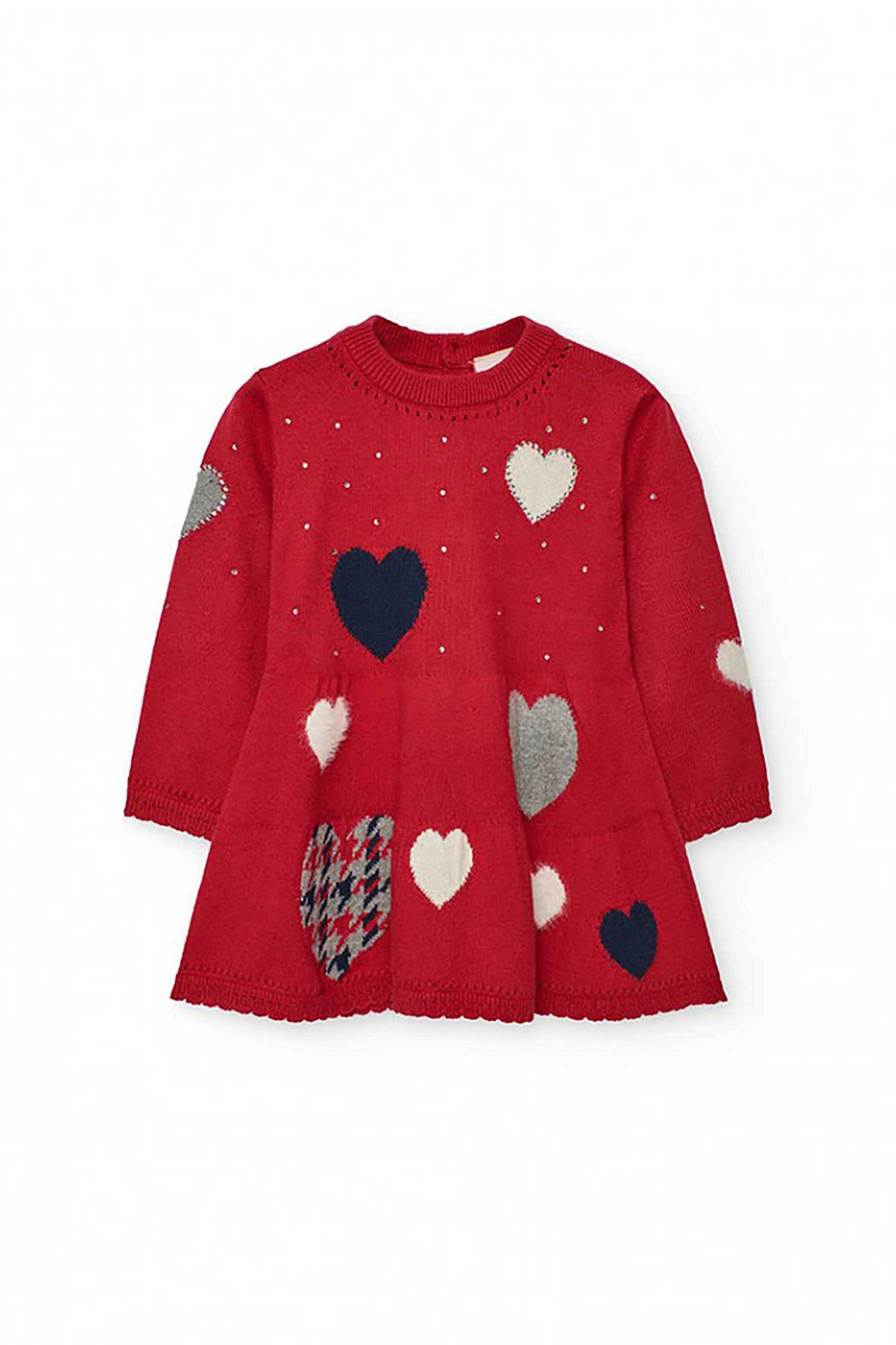 Boboli παιδικό πλεκτό φόρεμα με καρδούλες και στρας - 702256 Μπορντό