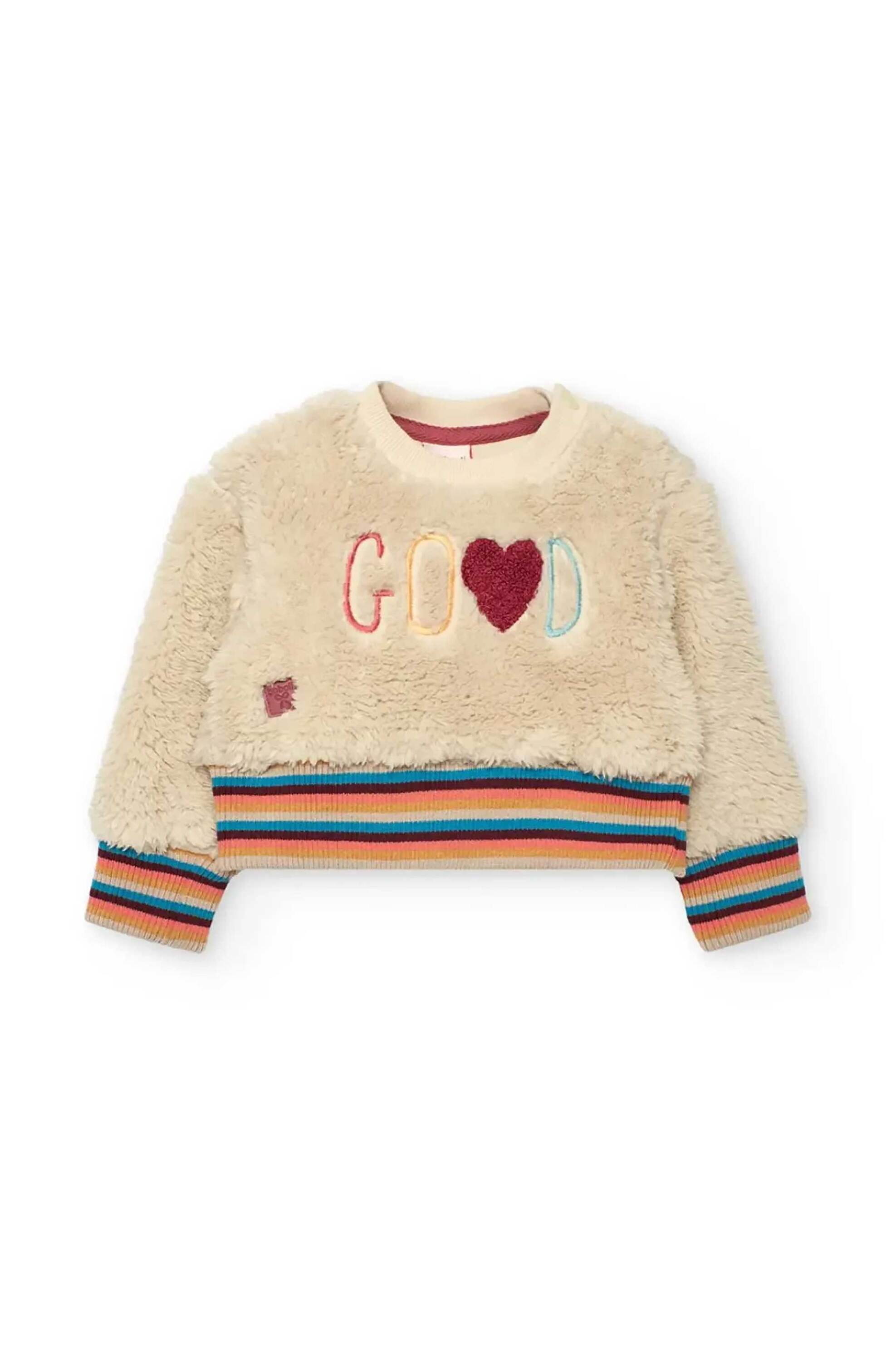 Boboli παιδική μπλούζα faux fur με κέντημα στο στήθος - 242086 Κρέμ