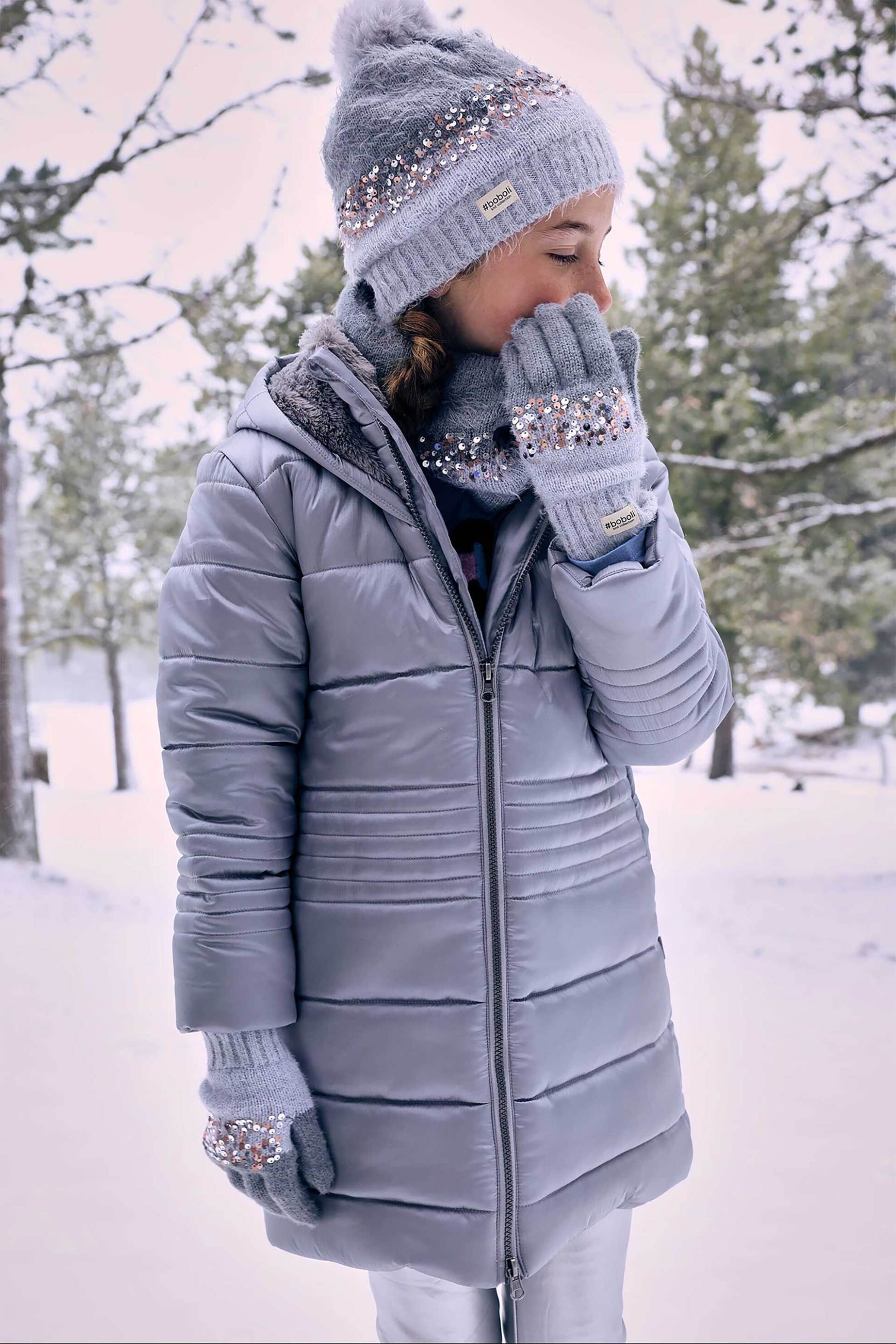 Boboli παιδικός πλεκτός σκούφος με διακοσμητικά πον-πον και παγίετες - 490553 Γκρι