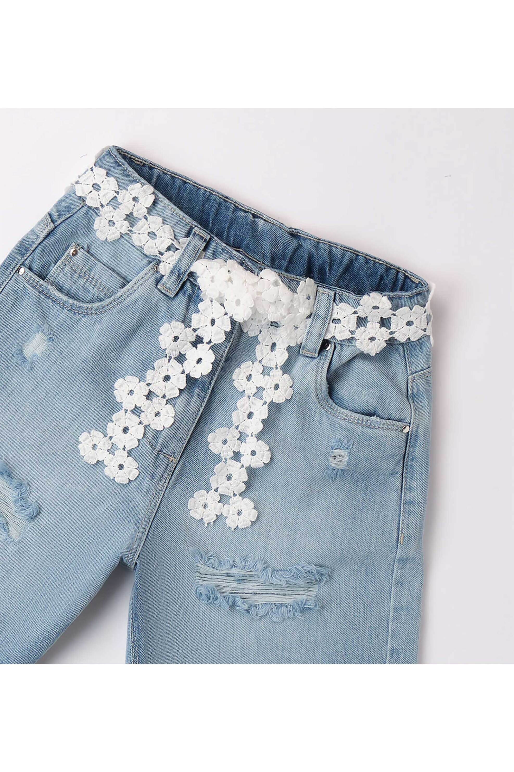 Ido Παιδικό Denim Σορτς Πεντάτσεπο με Φθαρμένη Όψη Και Contrast Ζώνη Σχέδιο Λουλούδια - 4 8875 00 Μπλε Ανοιχτό