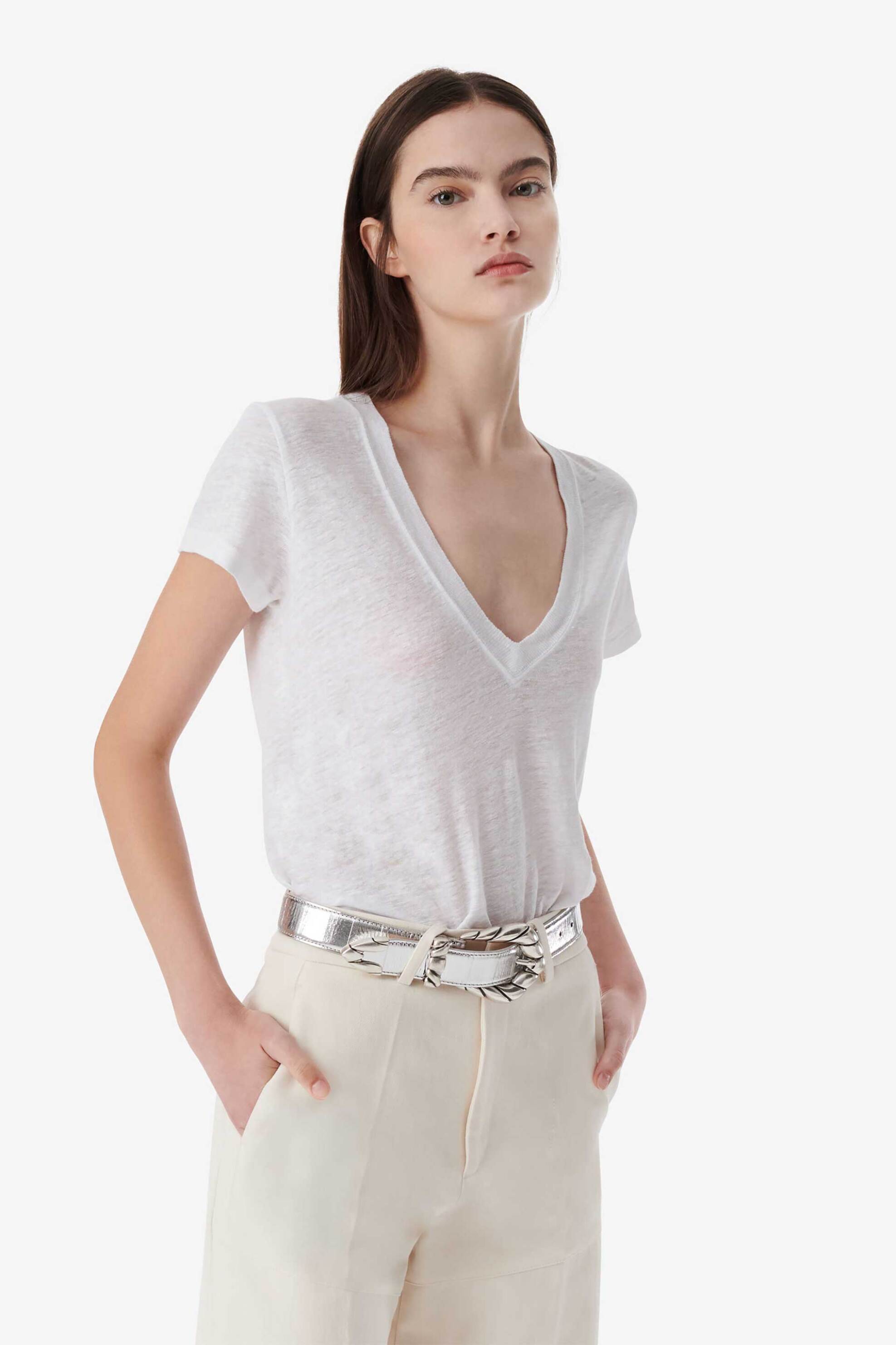 Iro γυναικείο λινό T-shirt μονόχρωμο με V λαιμόκοψη - WF19RODEO Λευκό φωτογραφία