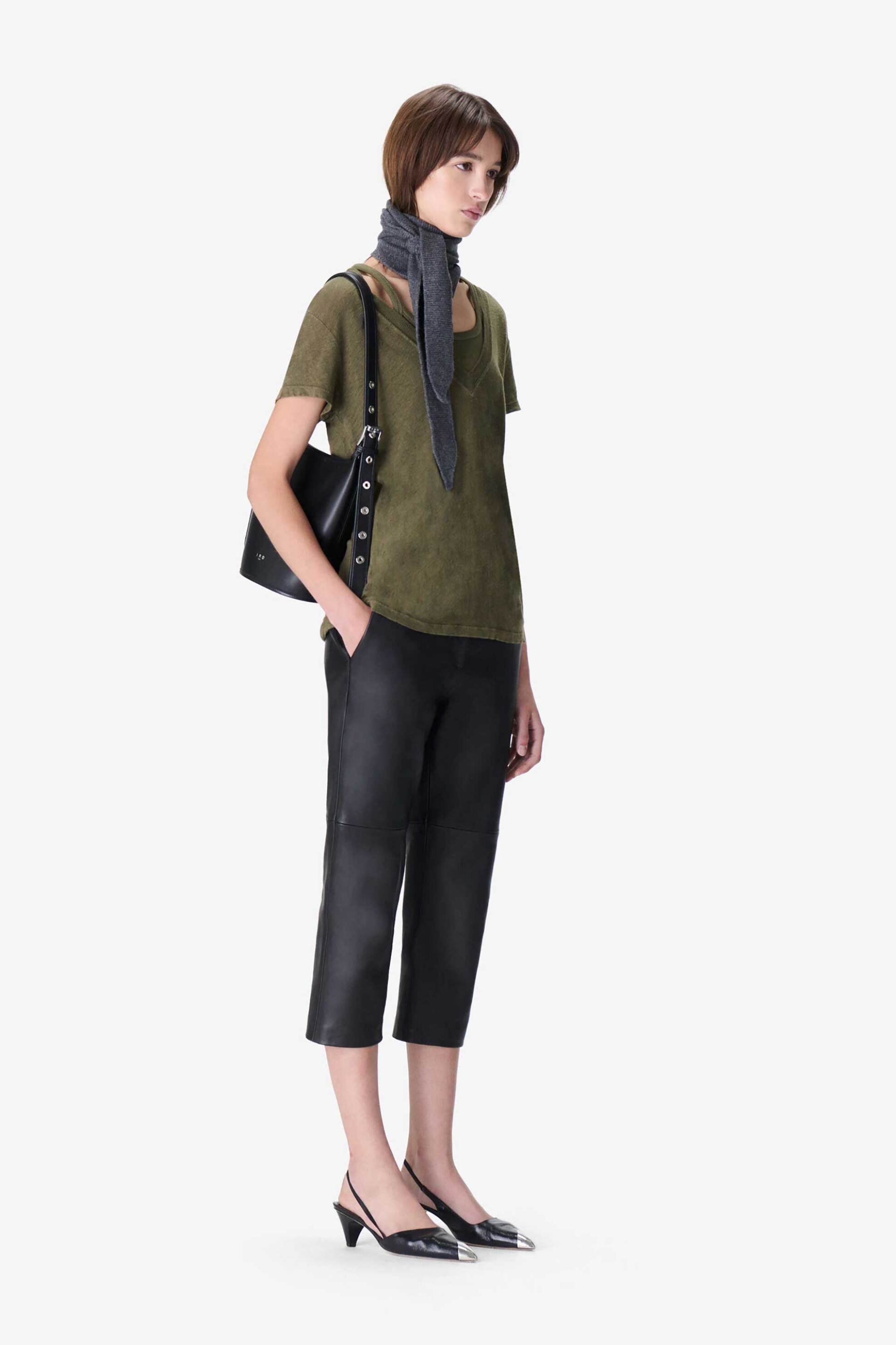 Iro γυναικείο λινό T-shirt μονόχρωμο με V λαιμόκοψη "Rodeo" - WP19RODEO Λαδί φωτογραφία