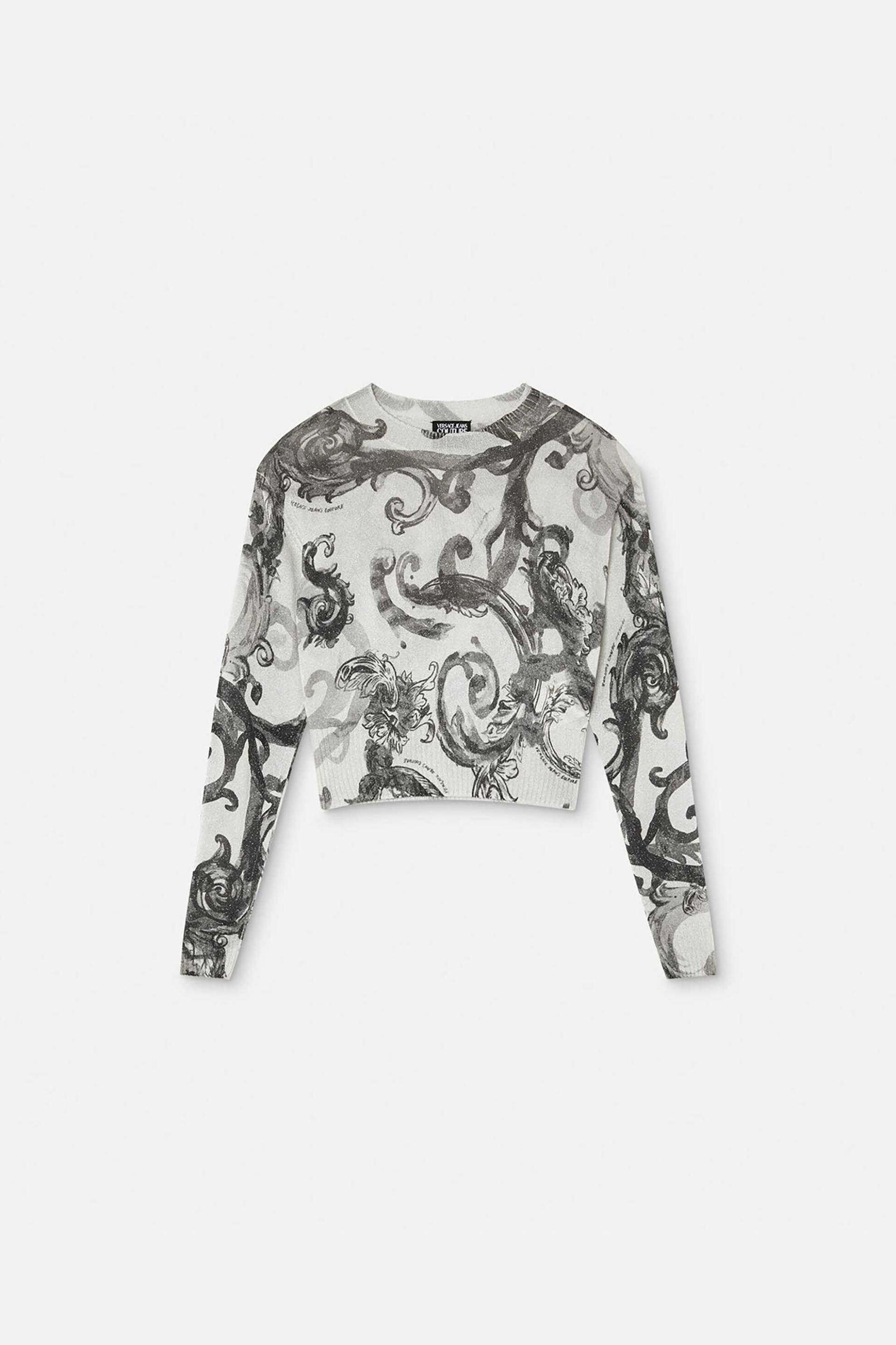 Versace Jeans Couture γυναικείο πουλόβερ με all-over watercolor couture motif και ribbed τελειώματα - 76HAFM23CMN45 Λευκό