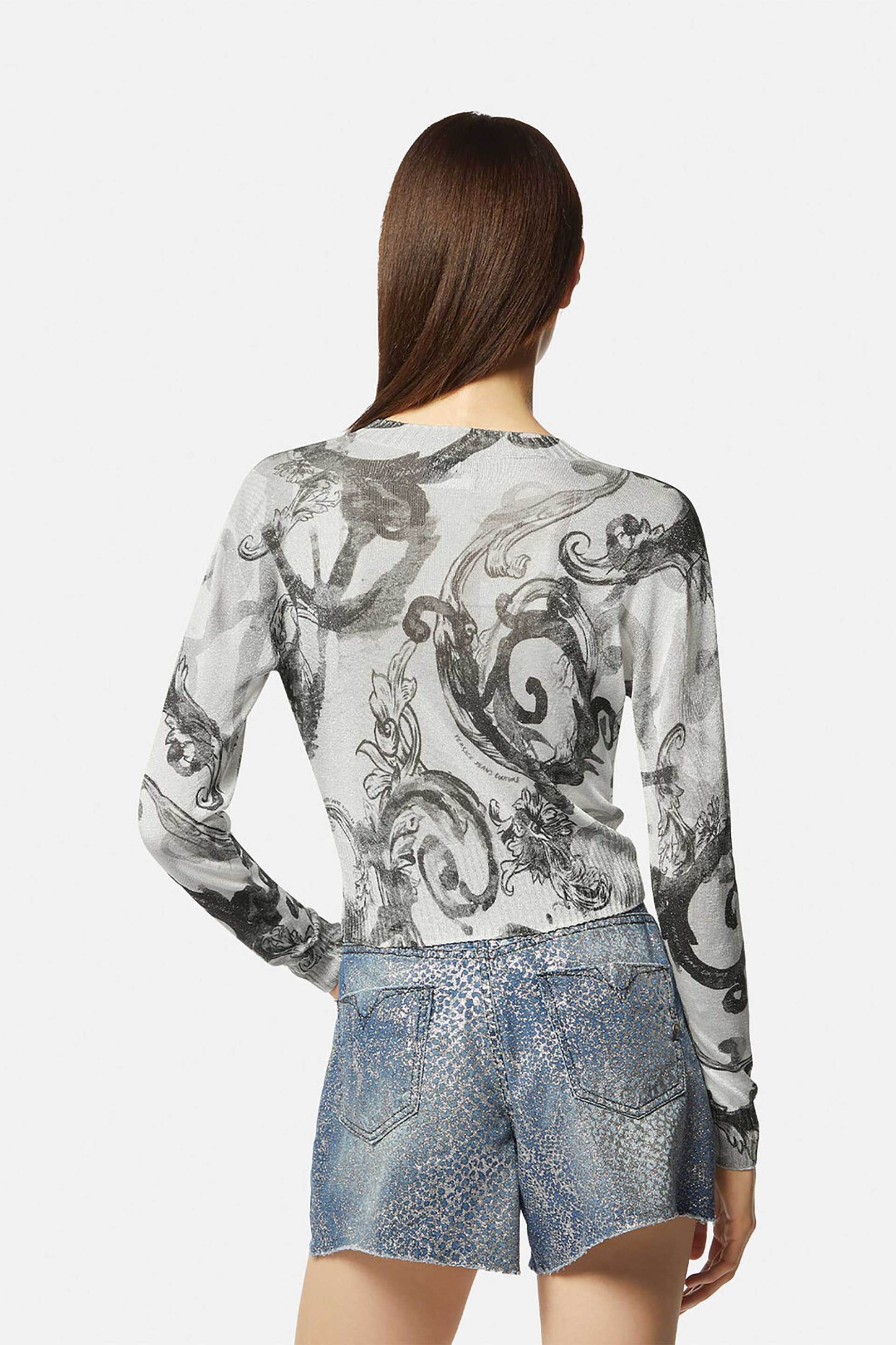 Versace Jeans Couture Γυναικείο Πουλόβερ με All-Over Watercolor Motif Και Ribbed Τελειώματα - 76Hafm23Cmn45 Λευκό