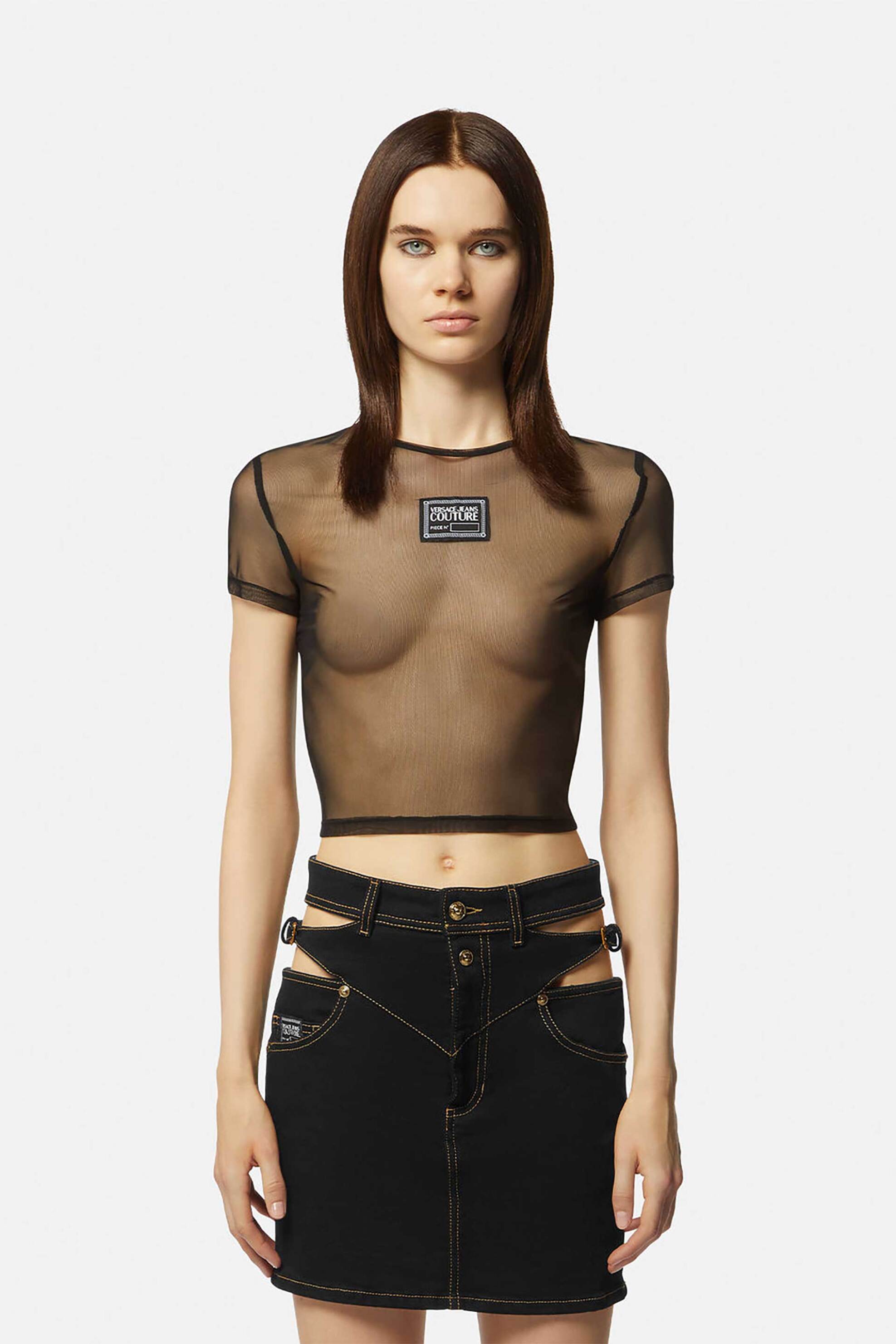 Versace Jeans Couture γυναικείο T-shirt cropped διαφανές με logo patch - 76HAH6A2J0035 Μαύρο