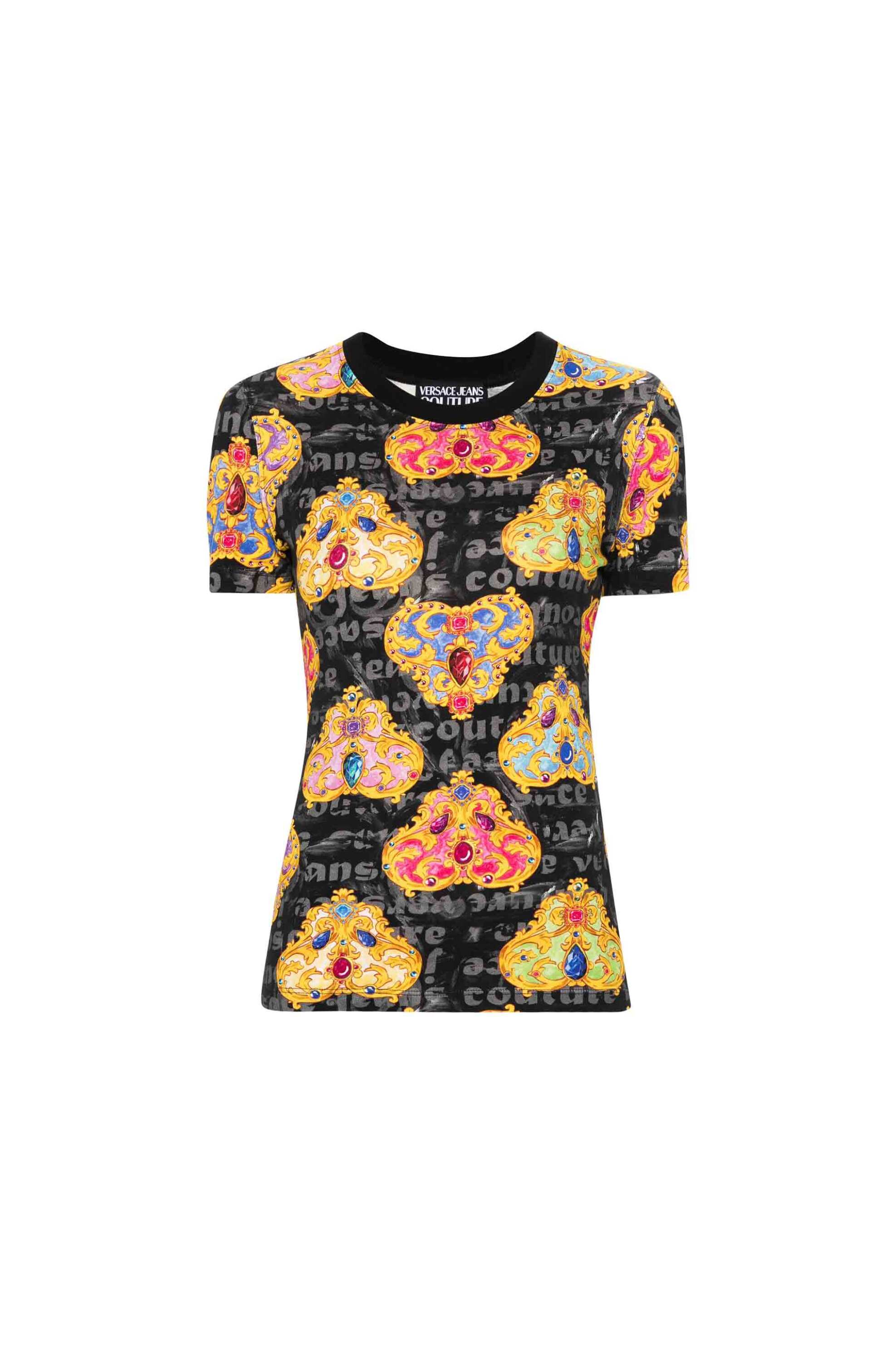 Versace Jeans Couture γυναικείο T-shirt βαμβακερό με all-over logo και heart couture print - 76HAH6B8JS342 Μαύρο