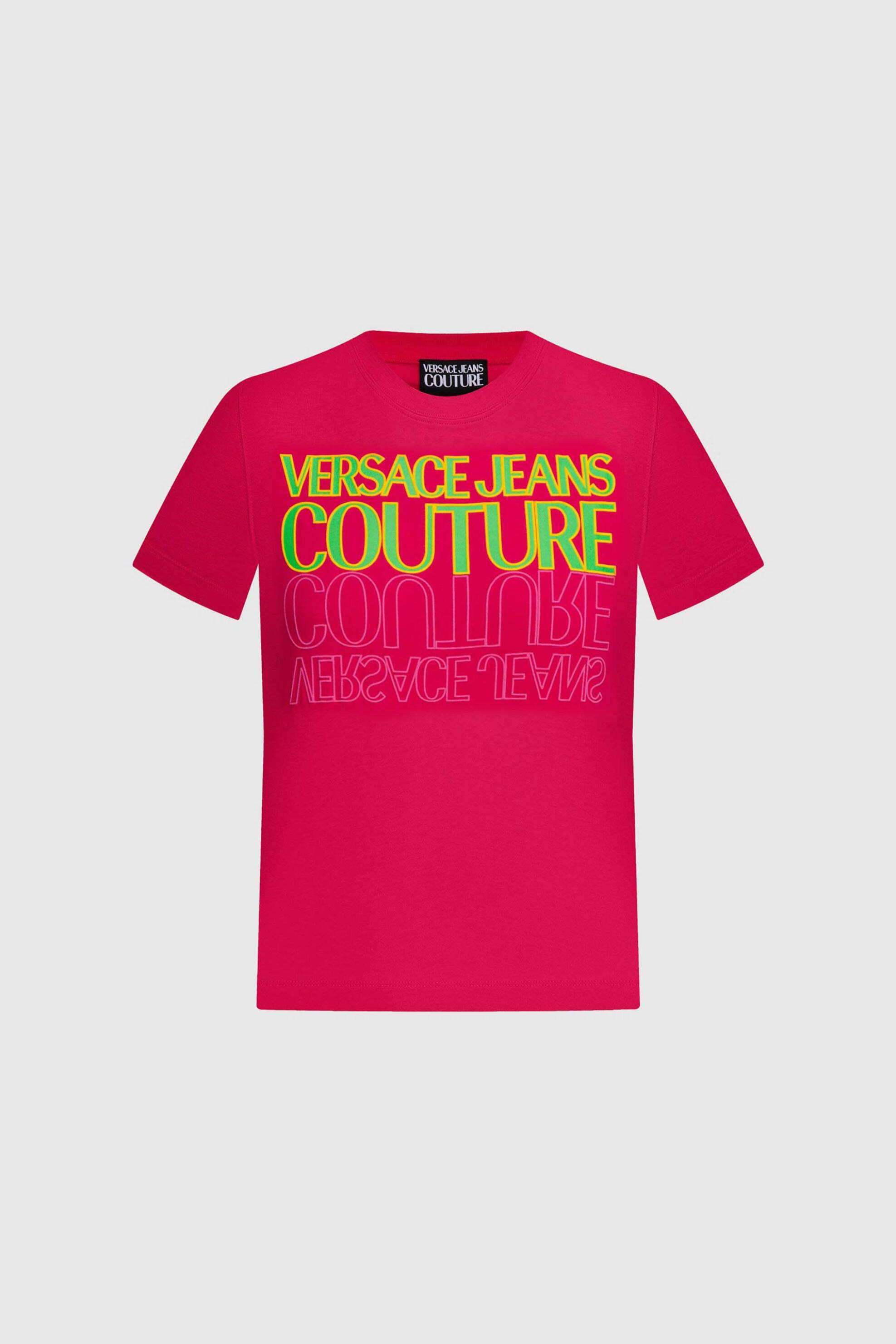 Versace Jeans Couture γυναικείο T-shirt μονόχρωμο βαμβακερό με πολύχρωμο logo print - 76HAHC01CJ01C Φούξια
