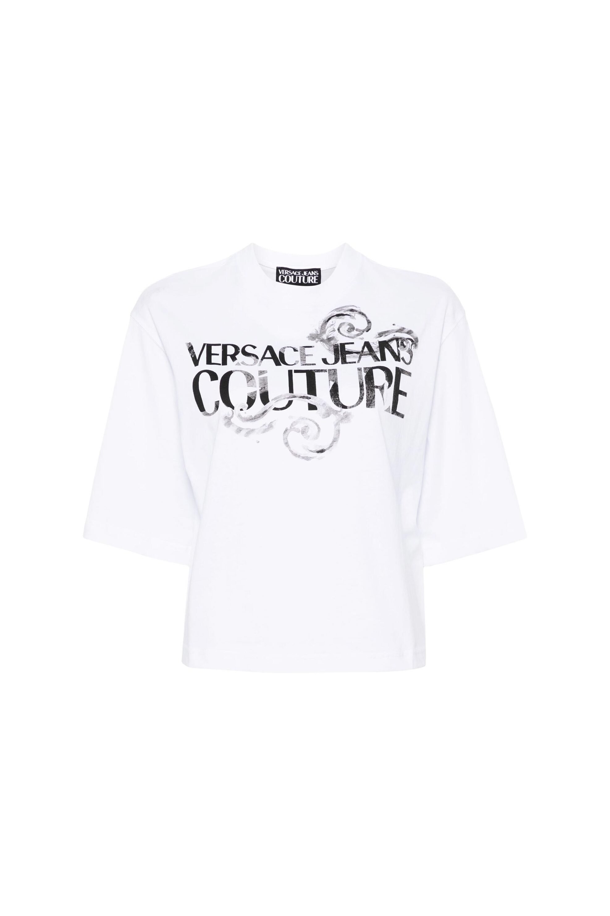 Versace Jeans Couture γυναικείο T-shirt μονόχρωμο βαμβακερό με contrast logo και Baroque print - 76HAHG01CJ00G Λευκό