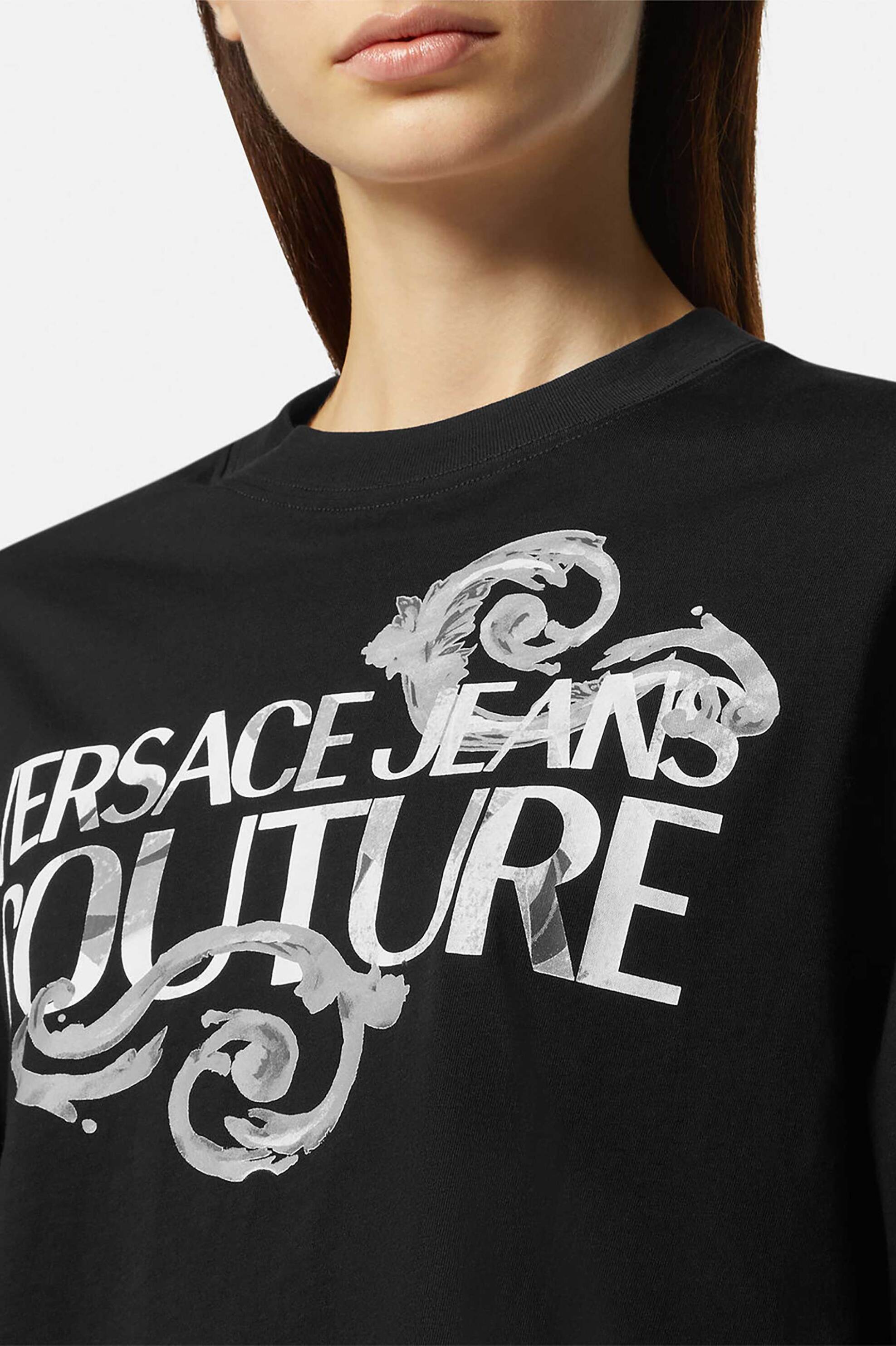 VERSACE JEANS COUTURE Versace Jeans Couture γυναικείο T-shirt μονόχρωμο βαμβακερό με contrast logo και Baroque print - 76HAHG01CJ00G Μαύρο - 3