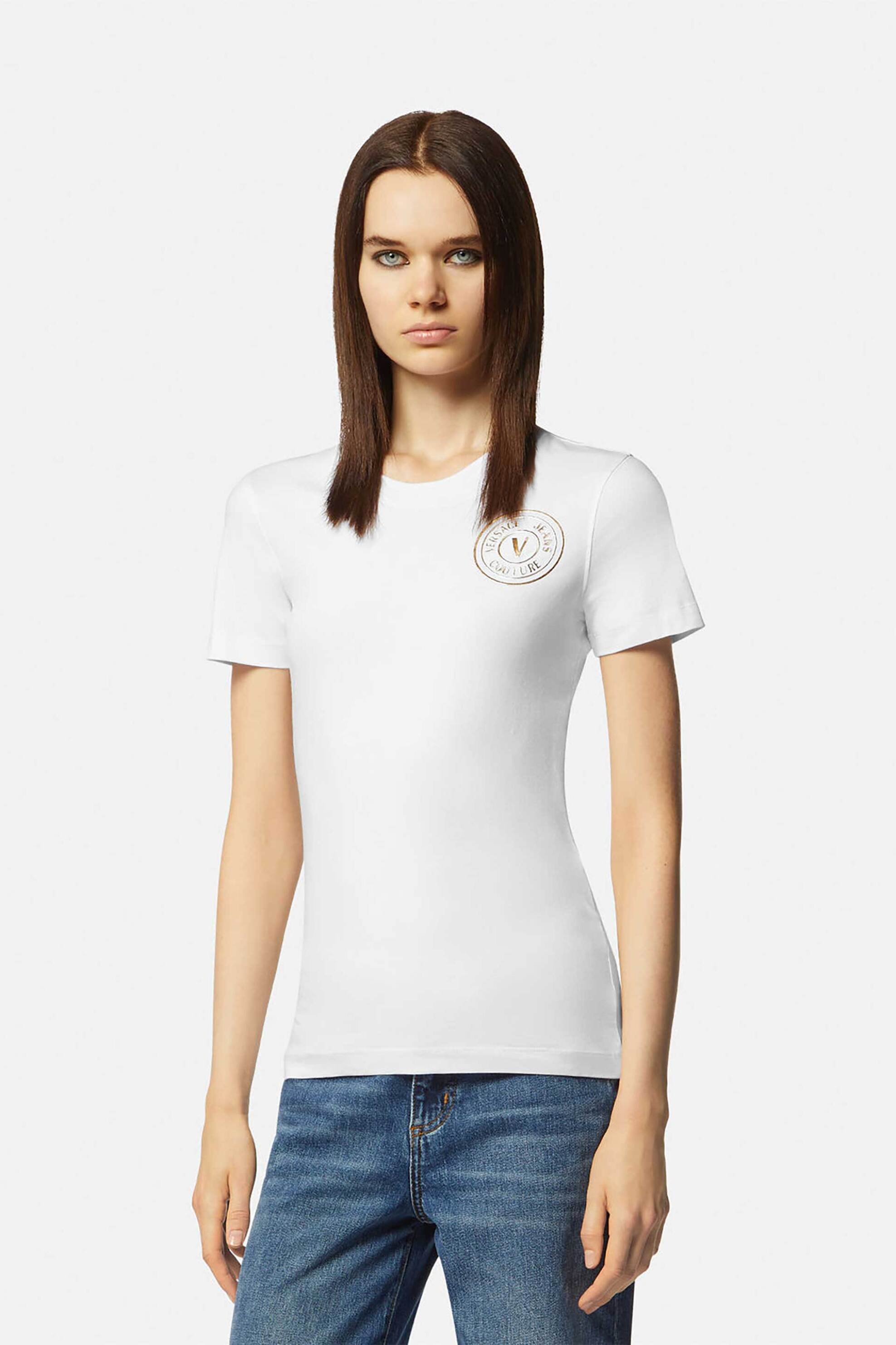 Versace Jeans Couture γυναικείο T-shirt μονόχρωμο βαμβακερό με contrast emblem print - 76HAHT02CJ03T Λευκό