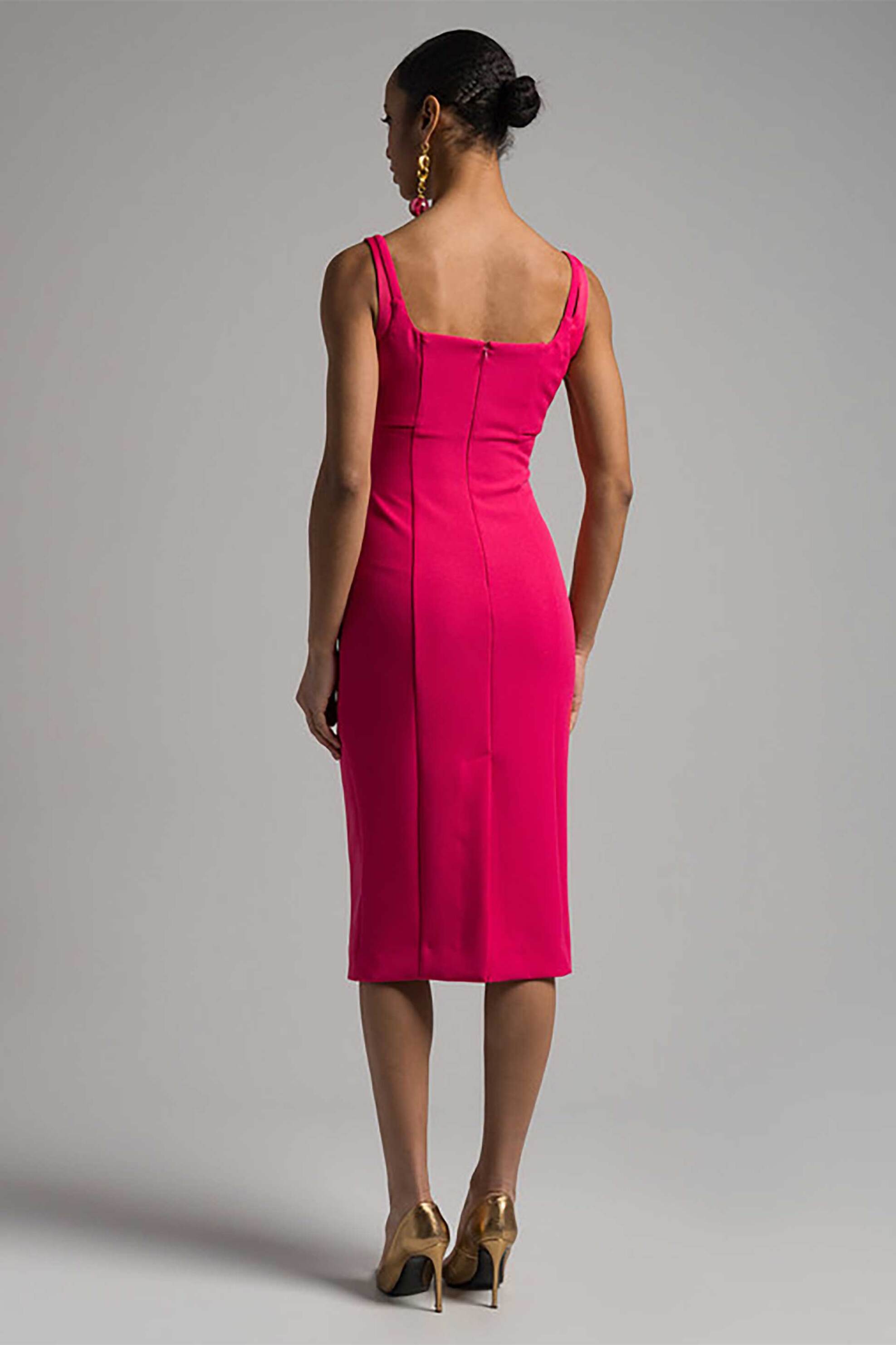 Versace Jeans Couture Γυναικείο Midi Φόρεμα Μονόχρωμο με Ανάγλυφες Ραφές - 76Hao919N0103 Φούξια