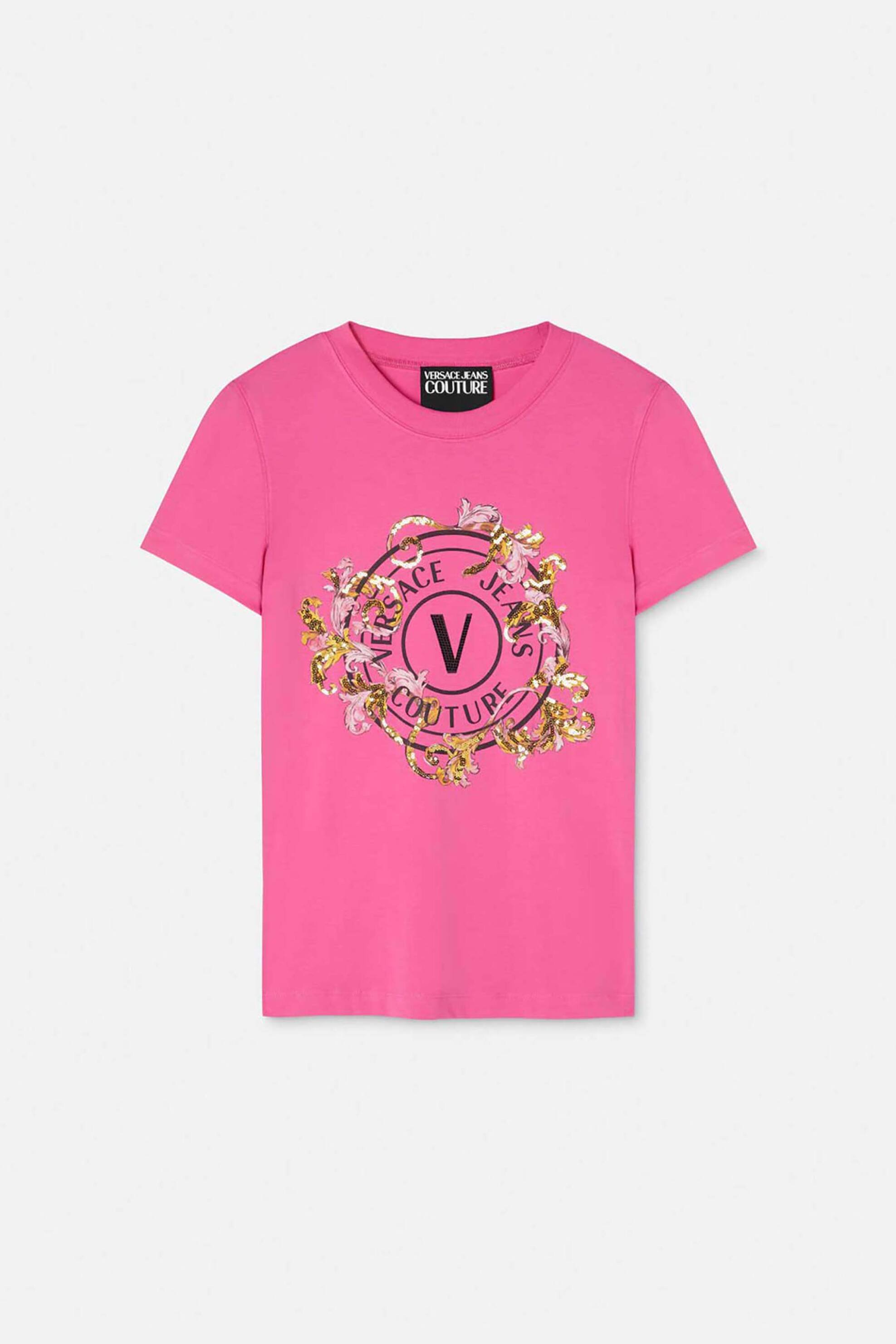 VERSACE JEANS COUTURE Versace Jeans Couture γυναικείο T-shirt με print "Crystal Outline Barocco" - 78HAHC01CJ02C Φούξια