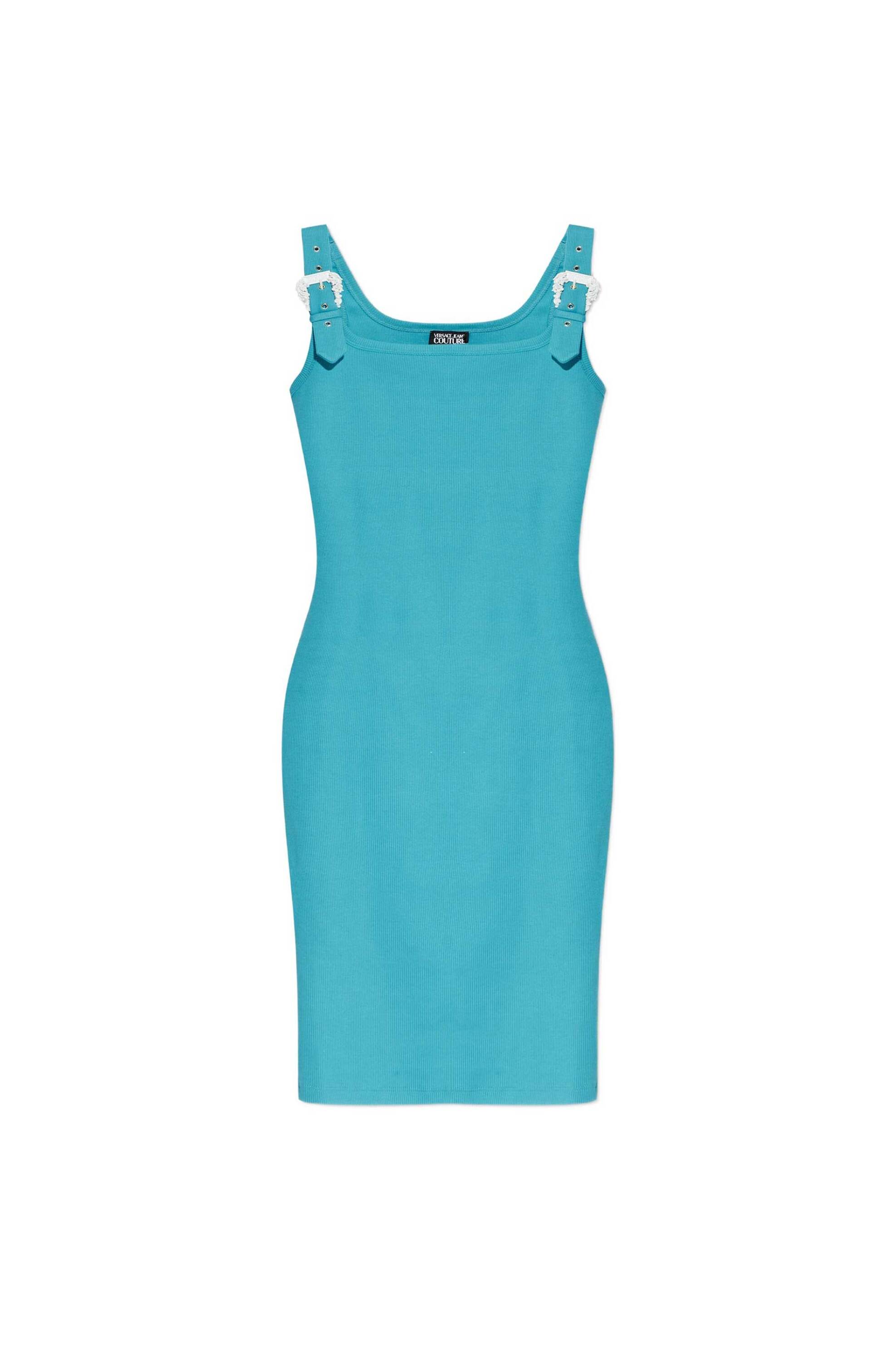 Versace Jeans Couture γυναικείο mini φόρεμα μονόχρωμο με ανάγλυφες αγκράφες - 80HAO943J0198 Τυρκουάζ