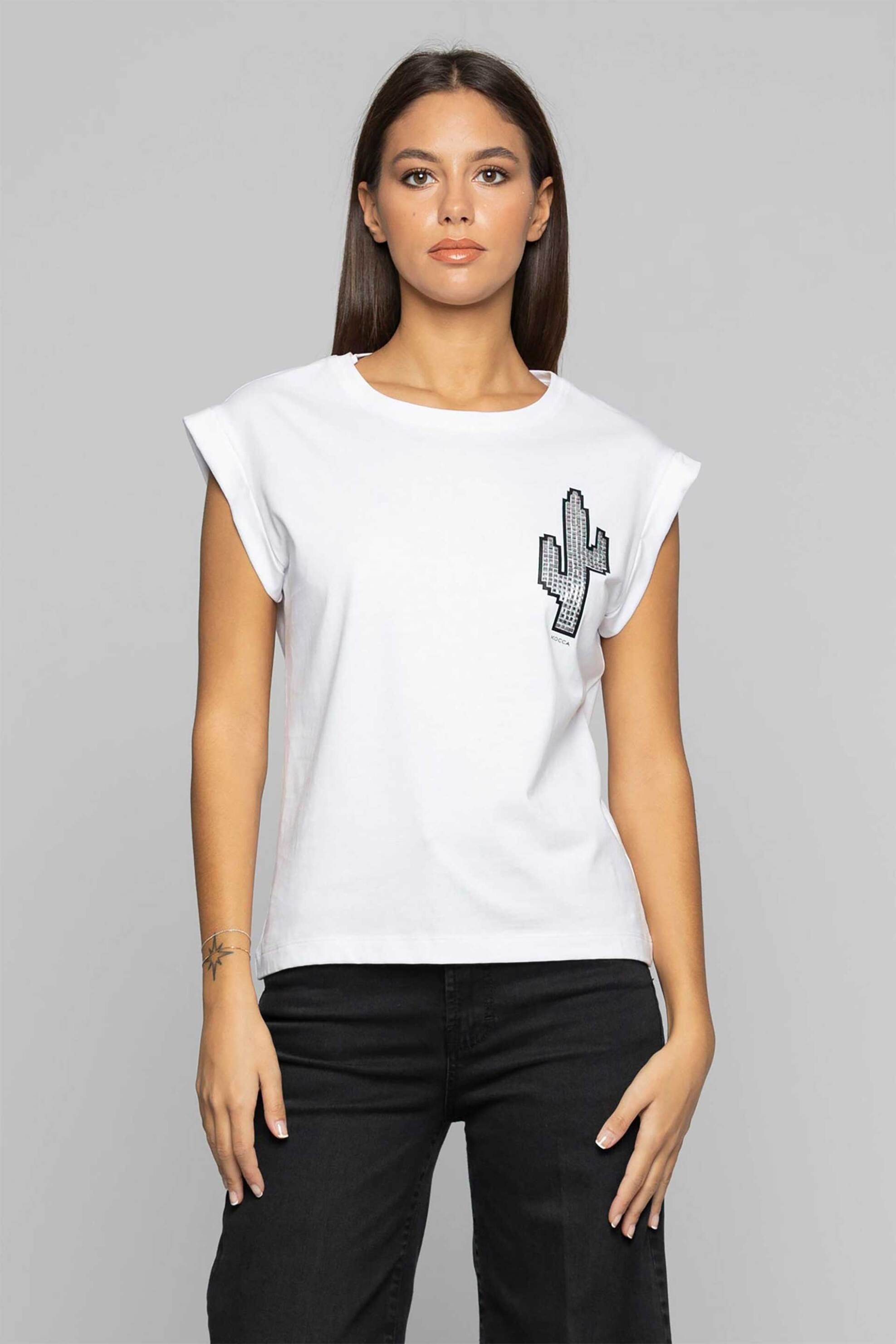 KOCCA Kocca γυναικείο Τ-shirt με στρας σε σχήμα κάκτου - P24PTS1660ABUN0000 Λευκό